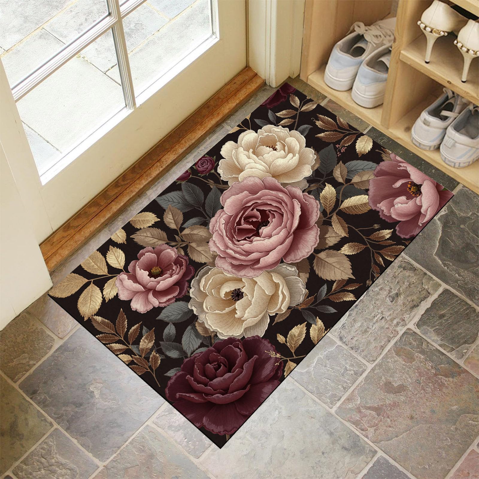 Paillasson d'intérieur pivoine rose grand format lavable antidérapant fleurs