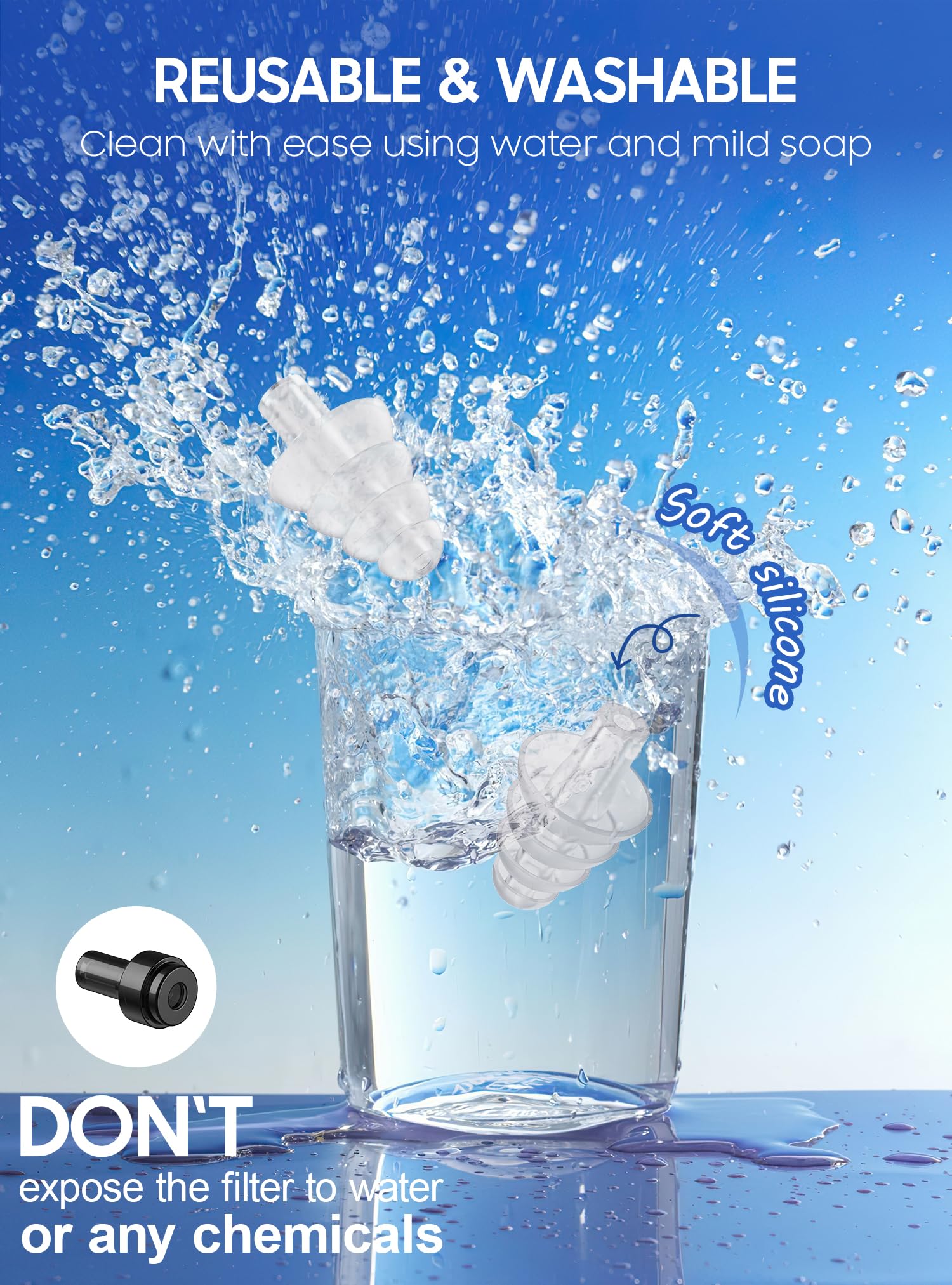 Tapones para los oídos para alivio de la presión del oído en avión, 2 pares de tapones de silicona suave reutilizables para los oídos de avión de 26 dB, con cable conector de silicona, esenciales de