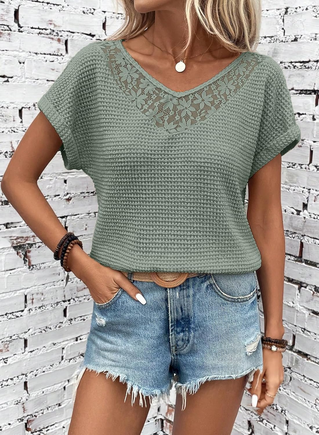 Dokotoo Women's Casual 2026 Waffle Knit Hollow Out Lace Tops Short Sleeve V Neck Loose Fit Shirts Blouses - Image 2