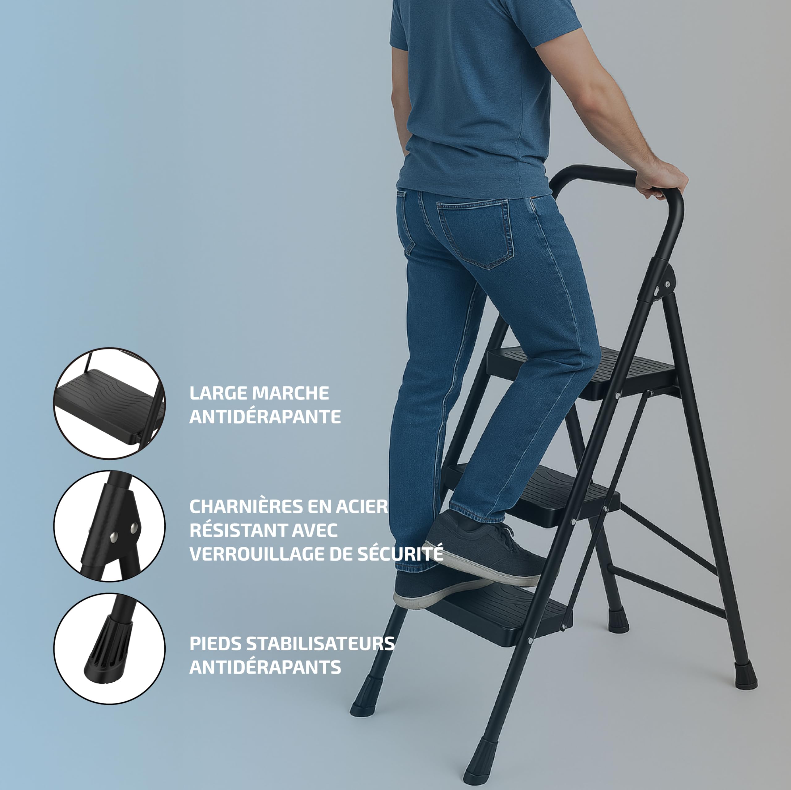 Escabeau Pliant Acier – 3 Marches | Charge 150 kg | Pieds Antidérapants