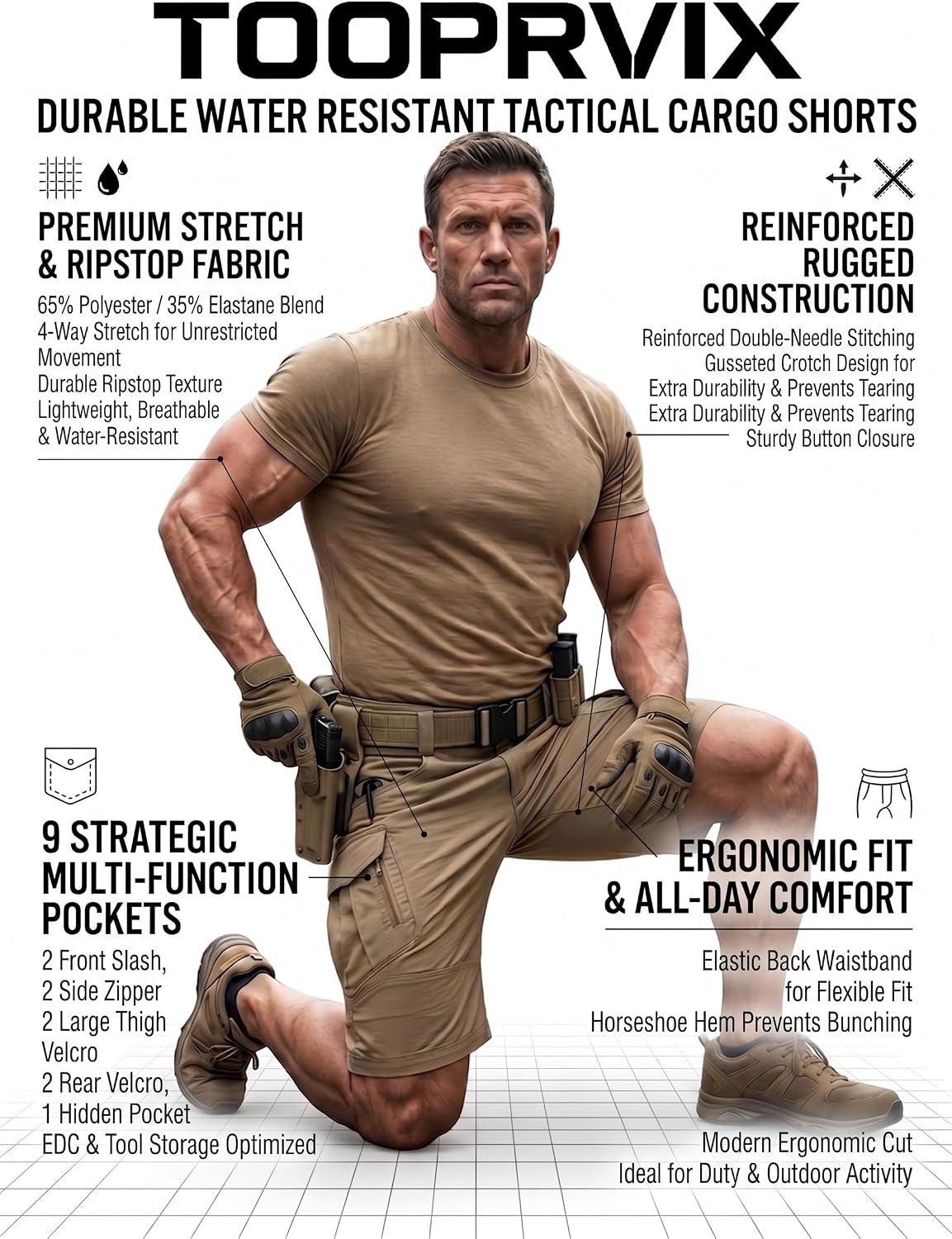 Men's Tactical Cargo Shorts Lightweight Stretch Ripstop Hiking Work Shorts with 9 Pockets Waterproof Casual Shorts (No Belt)