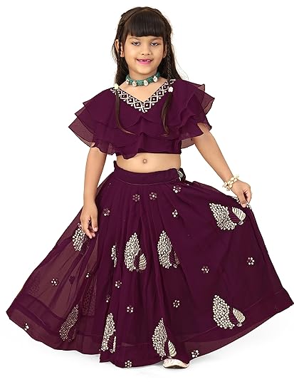 Prawah Kids Girls Beautiful Georgette Silk Lehenga Choli | Embroidered Full Stitched Lehenga Set (Suitable For Girls 2 To 8 Years)