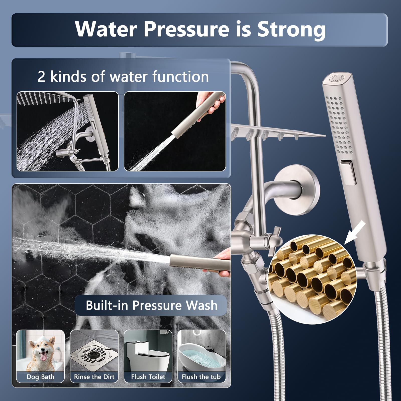 PDPBath Cabezal de ducha de lluvia de metal de 12 pulgadas con combo de rociador de mano, cabezal de ducha de lluvia de alta presión con brazo de extensión ajustable en forma de Z, manguera extra