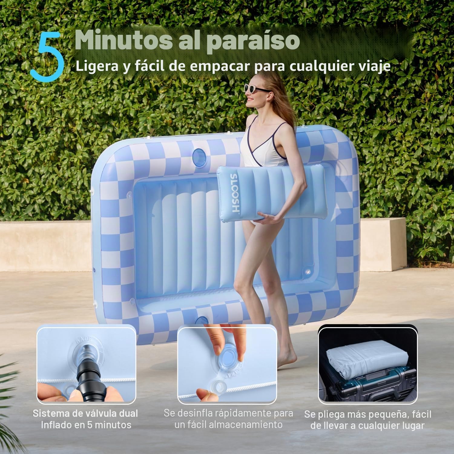 SLOOSH Flotador inflable para alberca bronceadora, 70 x 46 pulgadas, flotadores de piscina para adultos con almohada, flotador 4 en 1, balsa de bronceado, cama para tomar el sol para tomar el sol para