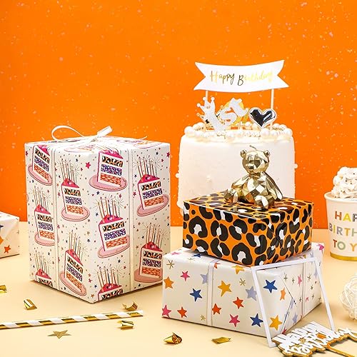 Miniatura 4 de LeZakaa Rollo de papel de regalo de cumpleaños, diseño de leopardo, pastel de feliz cumpleaños, estrella para niñas, niños, adultos, amigos, 17 x