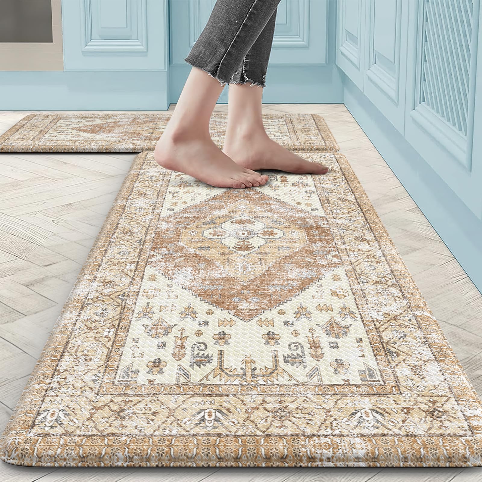 Anti Fatigue Kitchen Mats, Waterproof Non-Slip Cushioned Kitchen Floor Mat, Ergonomic Comfort Foam Standing Desk Mat for Office,Laundry Room,Sink,Counter 17.3"x29" + 17.3"x47"(Tan)