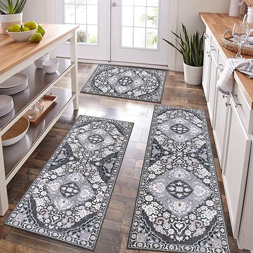Miniatura 6 de HEBE - Juego de 3 alfombras de cocina antideslizantes para piso, lavables, alfombras y tapetes de cocina bohemios, alfombras de cocina vintage,
