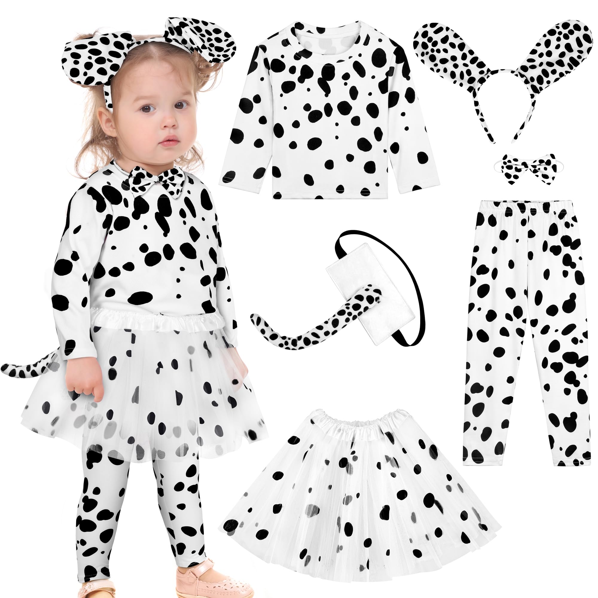 AHTOSO 6 Pieces Halloween Girls and Toddlers Dalmatian Dog Costume Set Headband Long Sleeve Pants Bow Tie Tail Tutu Skirt 2 T