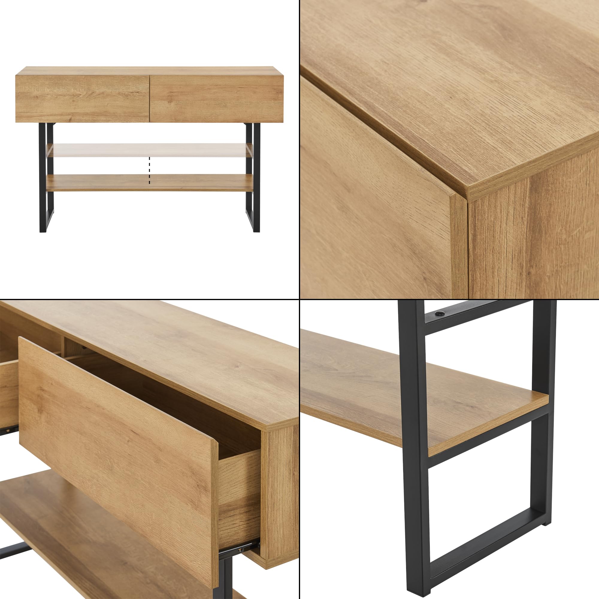 [en.casa] Table Console /d'Appoint Rectangulaire Design Industriel pour Salon Entrée Couloir avec 2 Tiroirs et Surface de Rangement Métal Panneau de Particules 75 x 120 x 30 cm Noir Effet Chêne