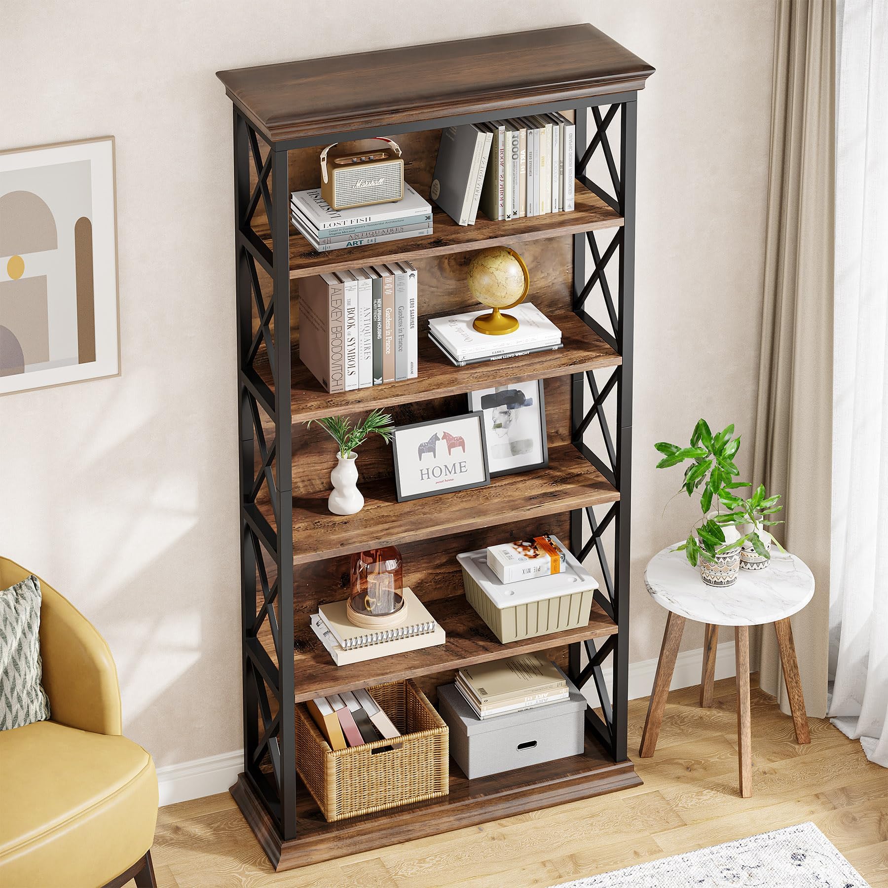 Tribesigns Librería estantería de pie de 180 cm de Altura, Madera de 6 Niveles, estantería Abierta con Estructura de Metal para salón, diseño Industrial, marrón Vintage