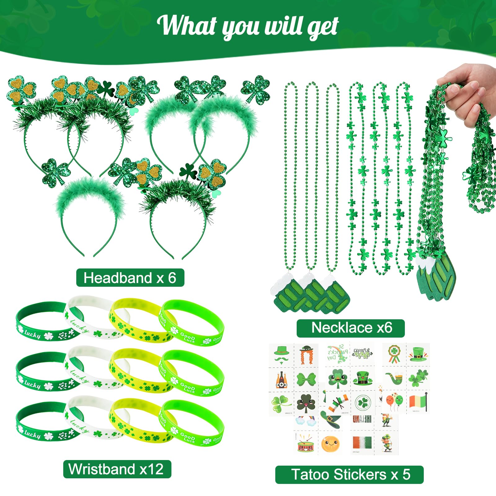 Yunfan 29Pack St Patricks Day Accessories St Patricks Day Decorations Green Shamrock Clover Necklaces Headbands Bracelets Tattoo Stickers for Leprechaun Costume Accessories Irish Party Supplies - 2