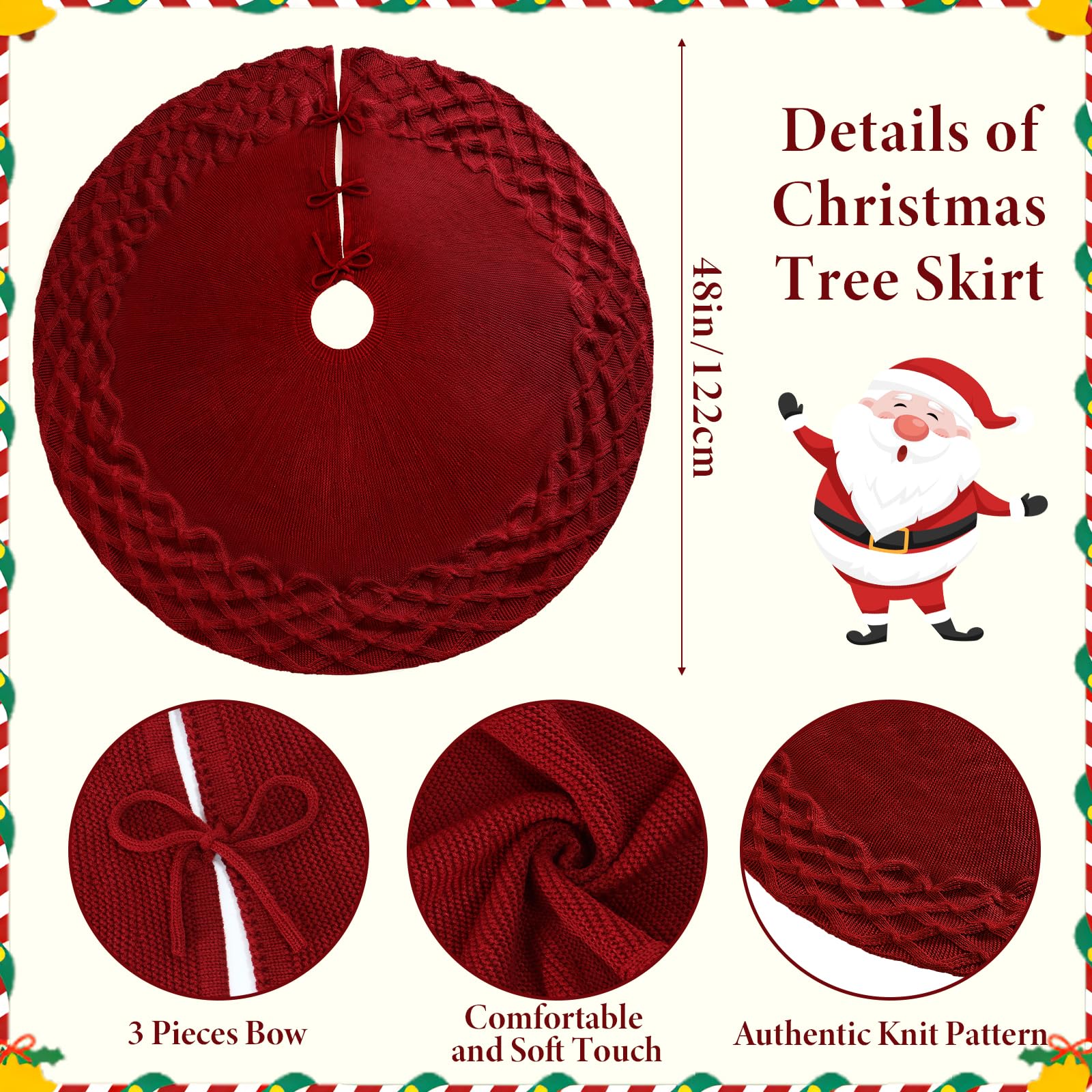 Gonne Rotonda per Alberi di Natale 120 cm Grande Tappeto per Albero di Natale Lavorata a Maglia Motivo a Quadri Copri Base Christmas tree per Casa Vacanze Feste Decorazione, Rosso