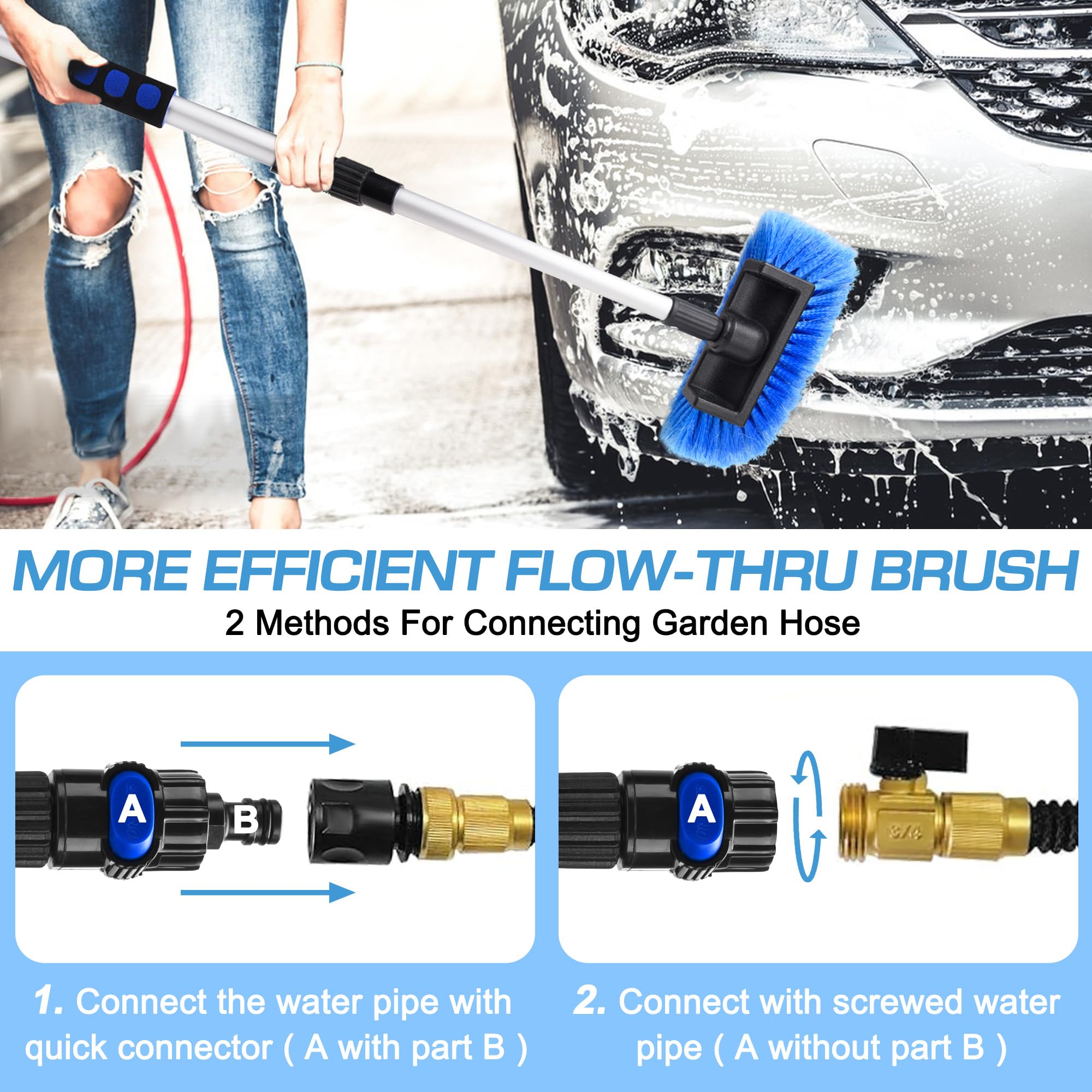 Lezcufer Brosse de Lavage de Voiture de 165,1 cm avec Long Manche, Balai de Lavage de Voiture, Brosse de Lavage de Voiture à Poils Doux avec poignée Extensible et raccord de Tuyau pour Voiture, VUS