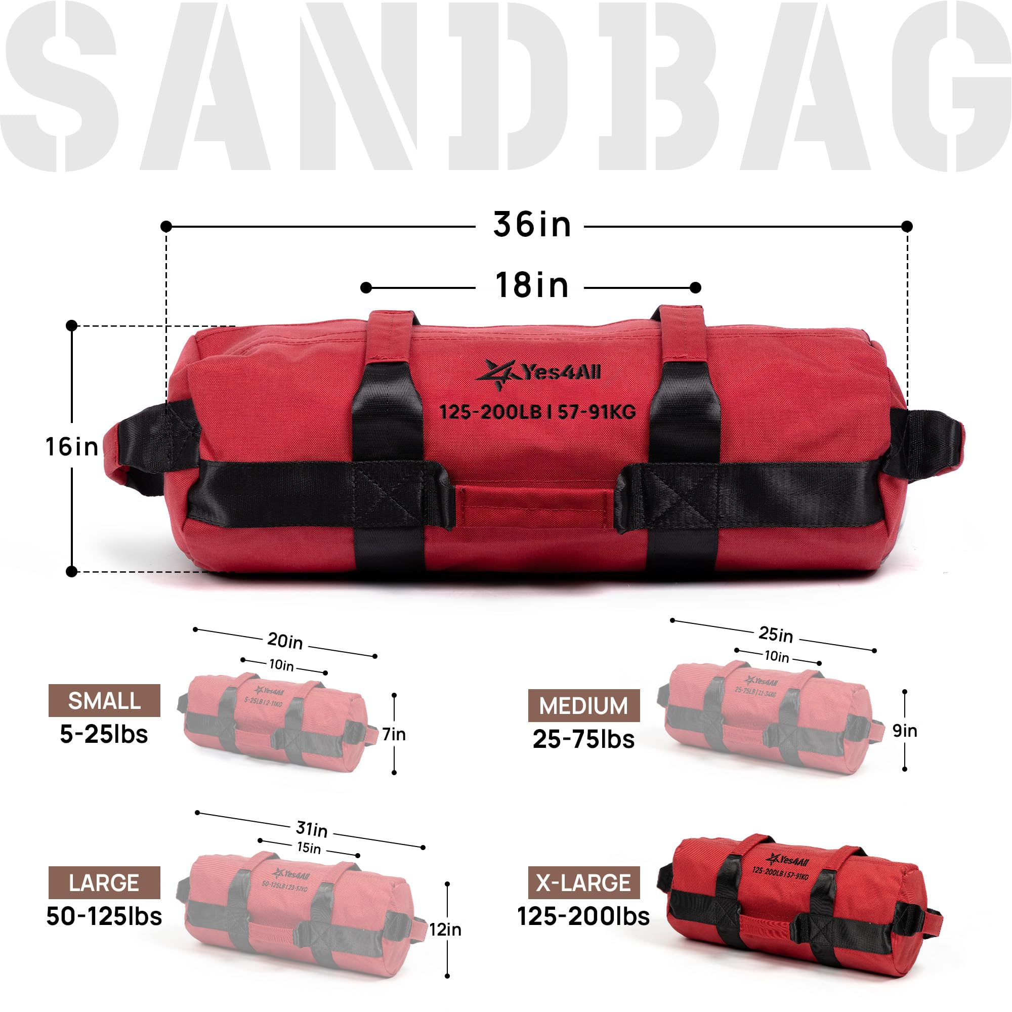 Yes4All Sac De Sable Réglable Power Bag 2-90 Kg – 7 Poignées Pour Crossfit, Rucking, Musculation & Entraînement Fonctionnel