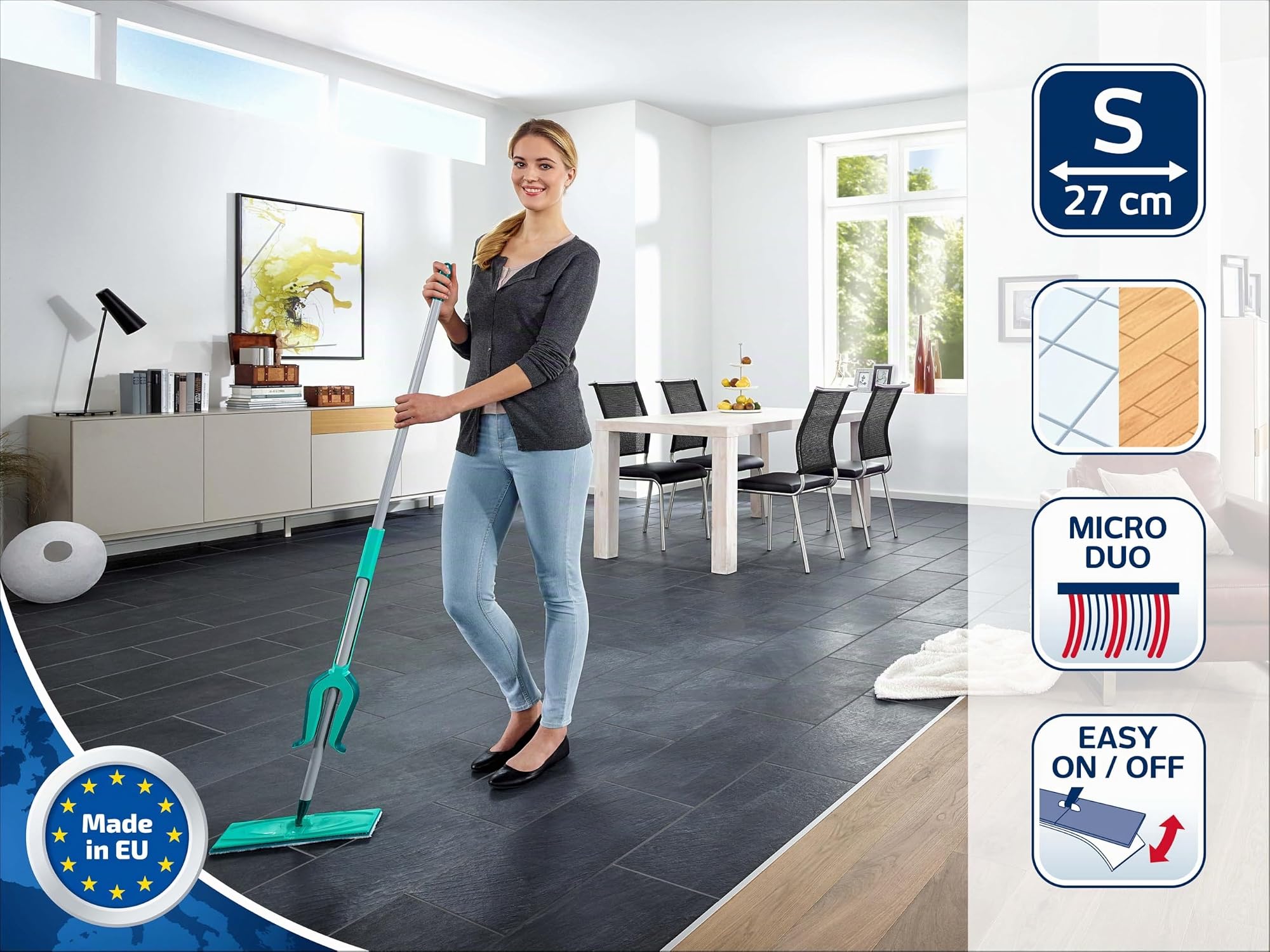 Leifheit Lave-Sol Picobello S, Balai Serpillière Essoreur, Micro Duo, 27 cm | Eponge double fibre lavable à 30 °C, balai à plat nettoyage coins et sous meubles, tête 360°, manche 140 cm, tous sols