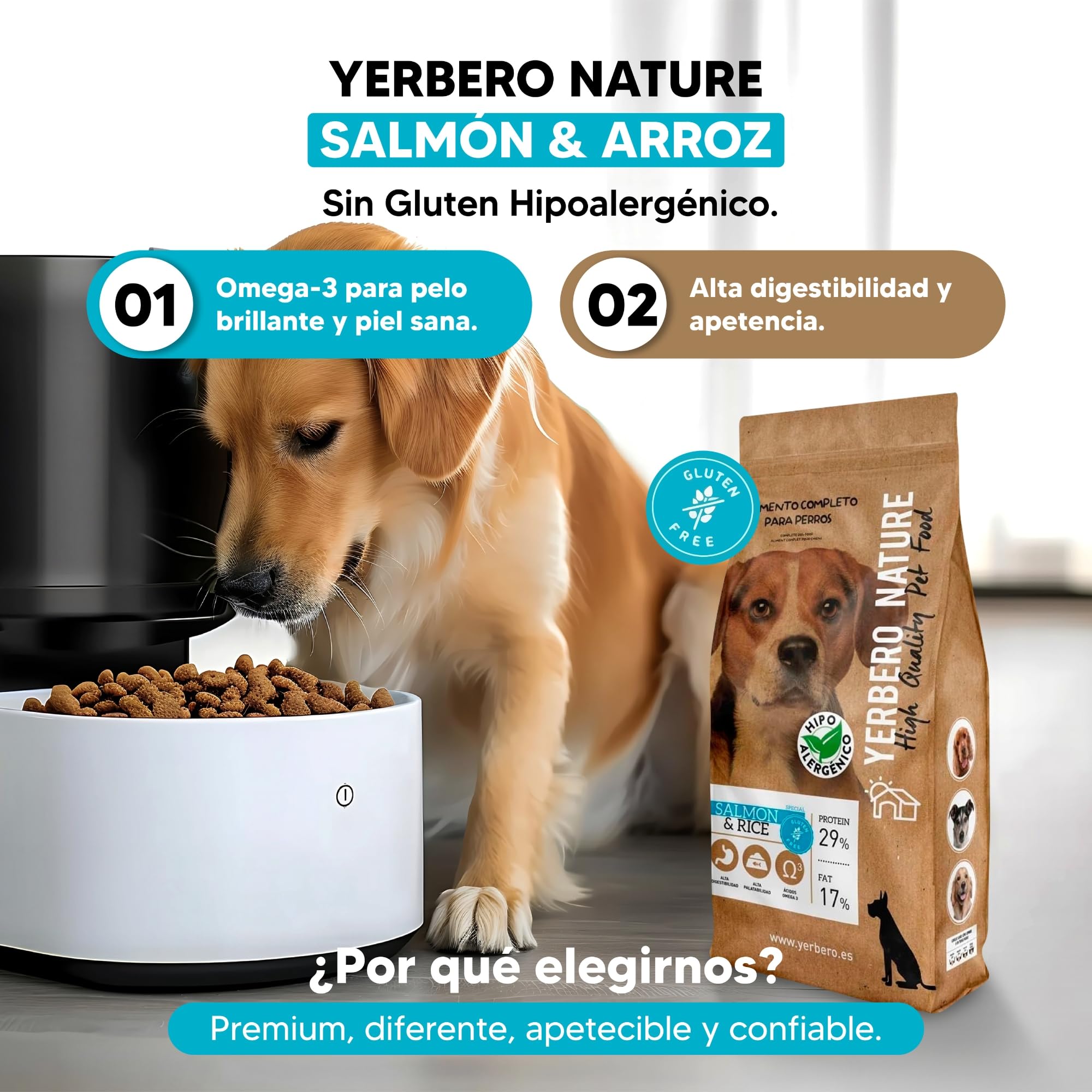 Yerbero Nature Salmon & Rice, Pienso para Perros sin Gluten con Salmón,Pienso Hipoalergénico para Perros con Alta Digestibilidad con Omega 3 para Pelo Brillante (Salmón y arroz) 10kg