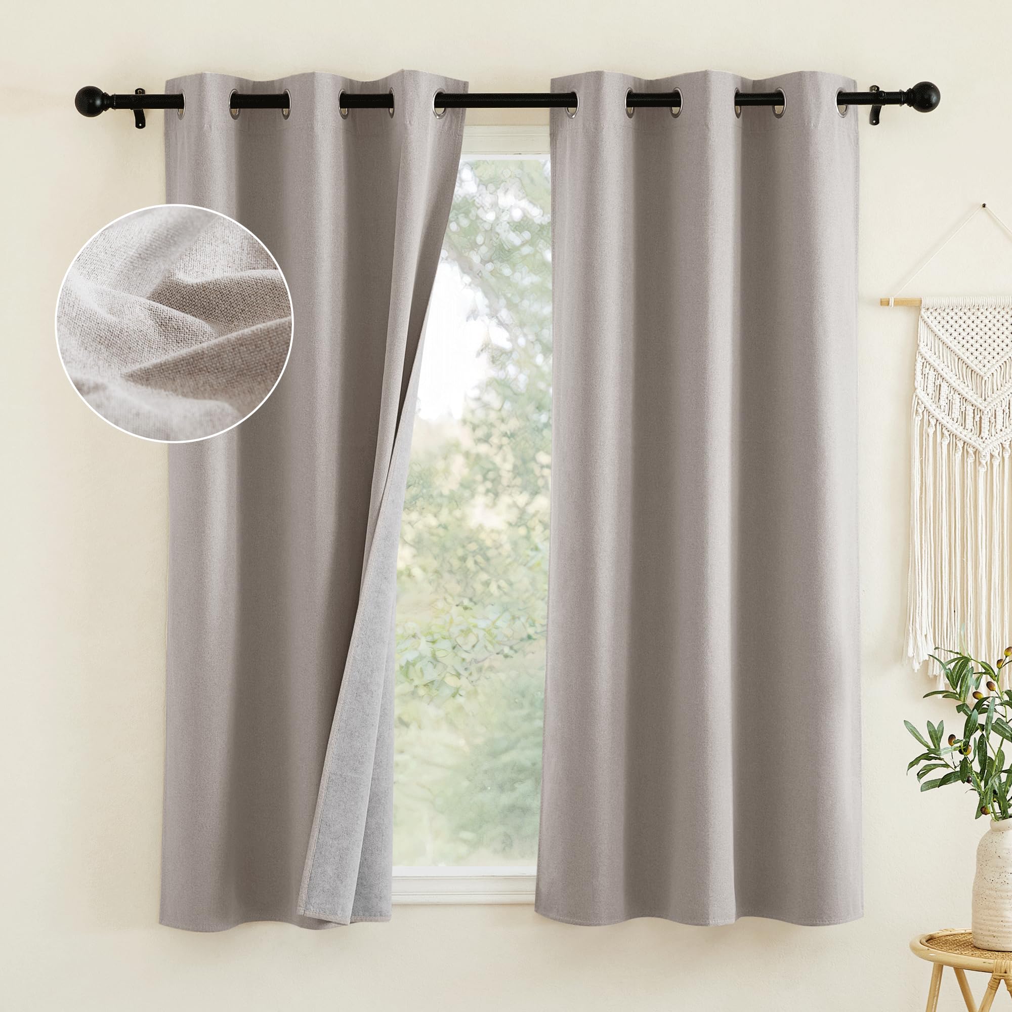 NICETOWN Natural Thick Faux Linen Blend 100% Blackout Curtains 63" Long 2 Panels Set for Bedroom, 42" Wide, Thermal Insulated Flax Textured Full