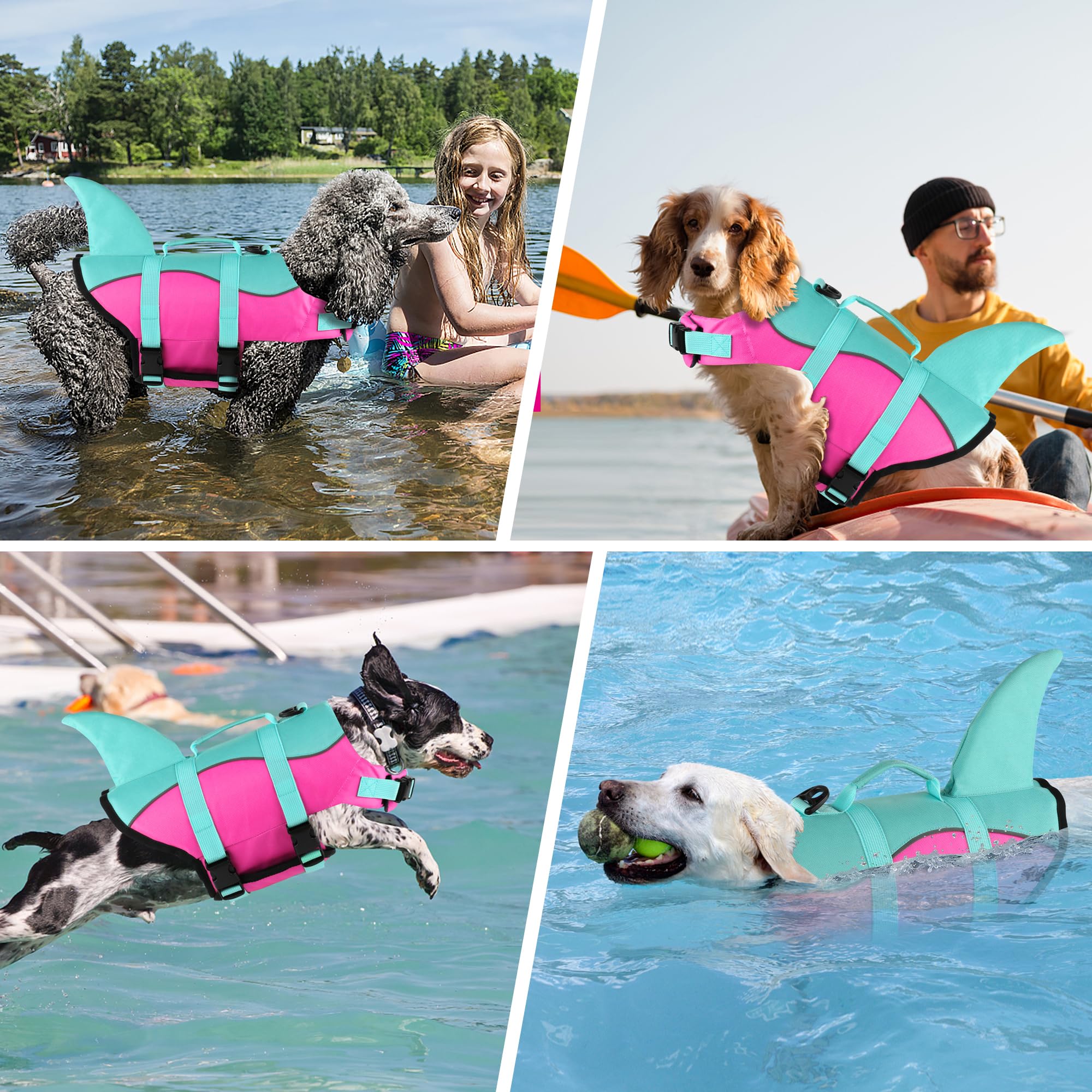 Dogcheer Gilet de sauvetage réglable pour chien, motif requin mignon pour la natation, le bateau avec flottabilité supérieure et poignée de sauvetage, gilet de flottaison réglable pour chiot, chiens