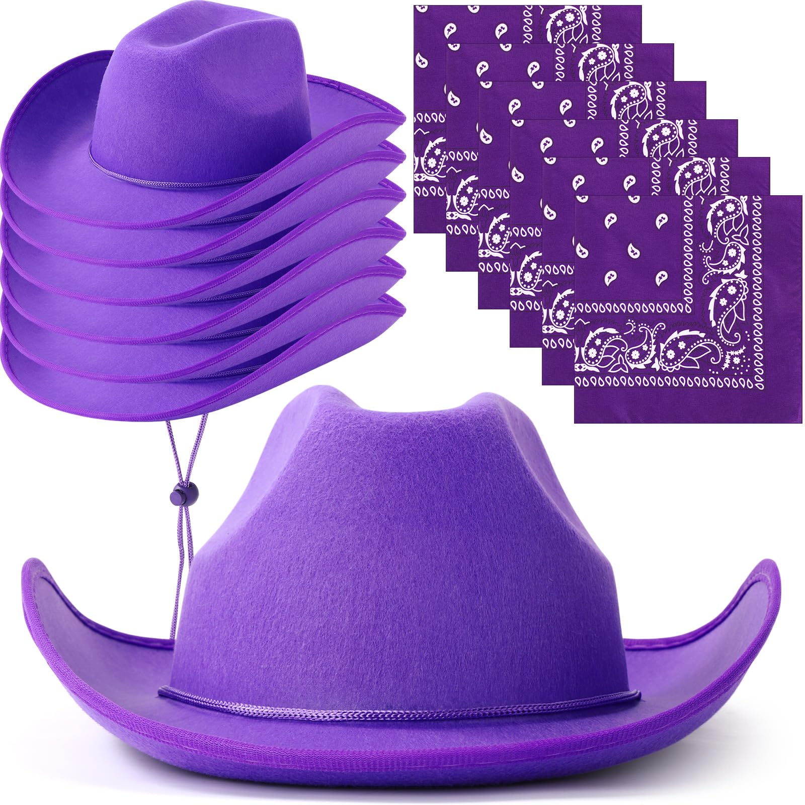 Coume 12 Pcs Cowboy Hats with Bandanas, Bulk Adjustable Felt Western Cowgirl Hats for Women and Men, Western Party Favors, Purple, One size โ image 1