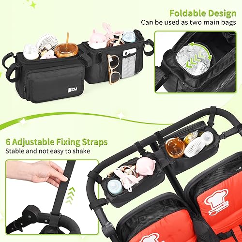 Miniatura 4 de ZZM Organizador doble para cochecito con 2 bolsillos refrigerantes, compatible con Bob Duallie, Jeep y Baby Jogger City Mini GT2, accesorios para