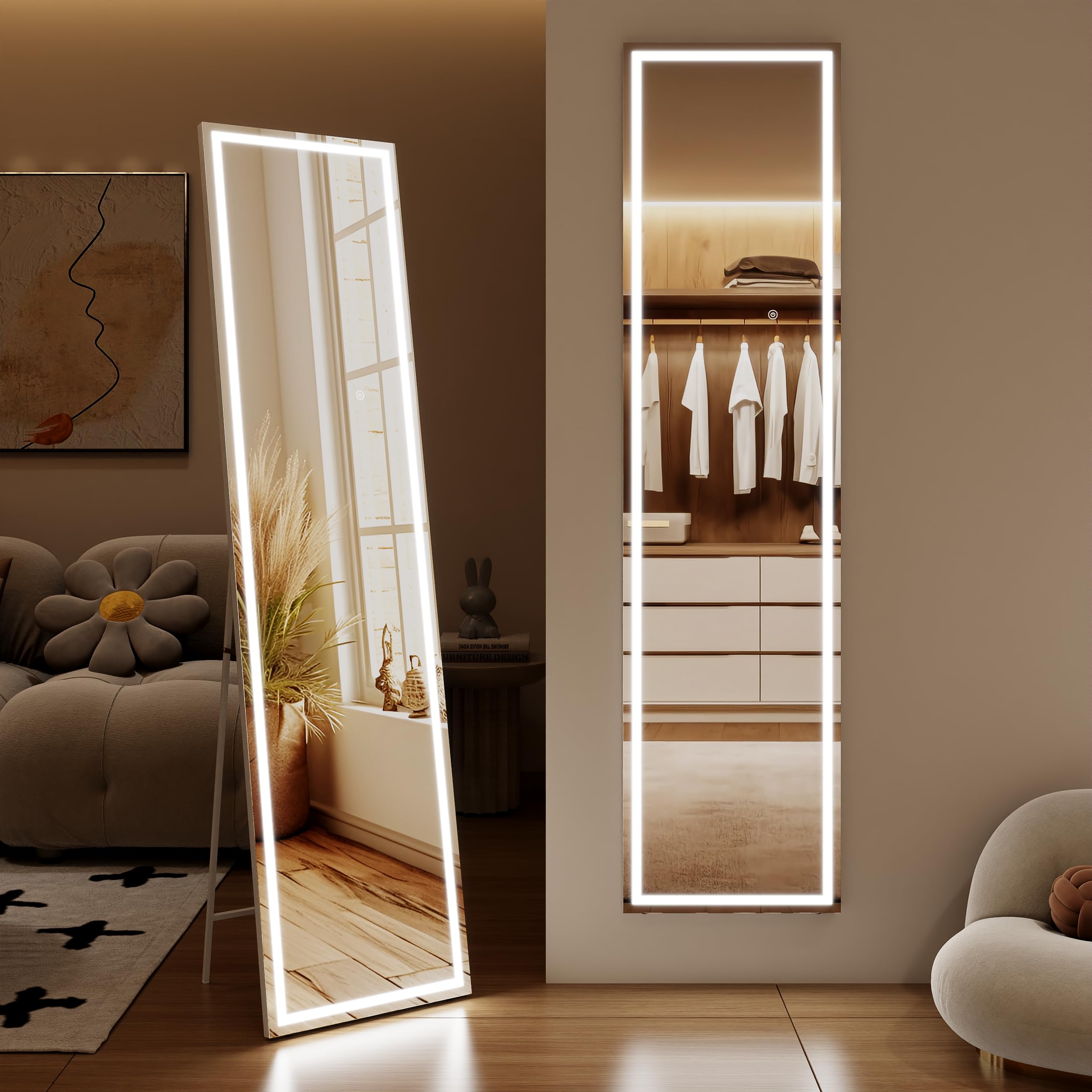 Clevich Espejo de Cuerpo Entero con iluminación LED Espejo de Pared 3 Colores de luz Ajustable Regulable Espejo de pie con Interruptor táctil Grande 160 x 40 cm con Lupa de 10 aumentos