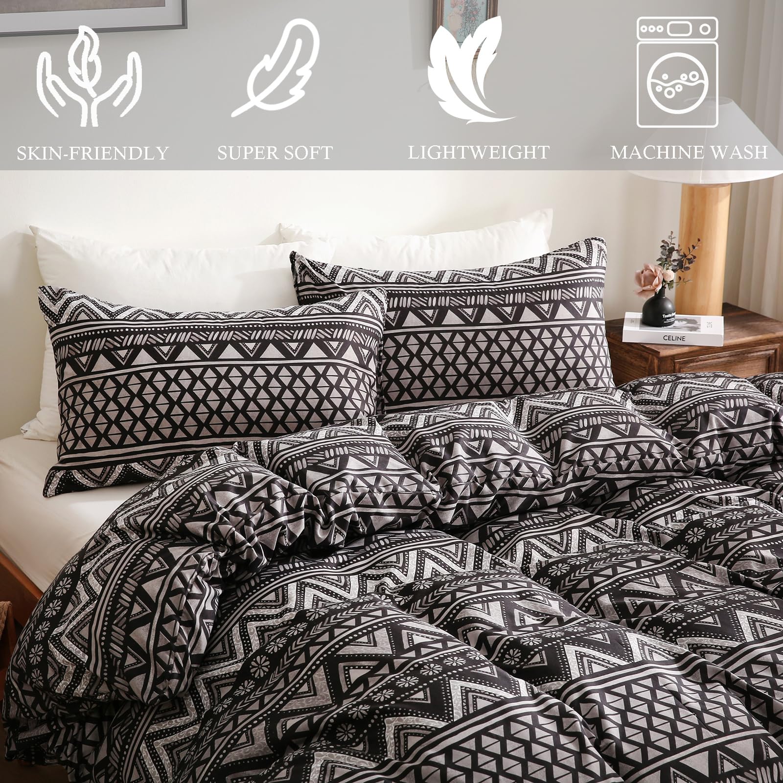 Move Over Boho Stripe Comforter Set King Size 3 Pieces Dark Gray Aztec Comforter Bedding Set Bohemian Aztec Stripe Comforter Soft Western Farmhouse Comforter Set