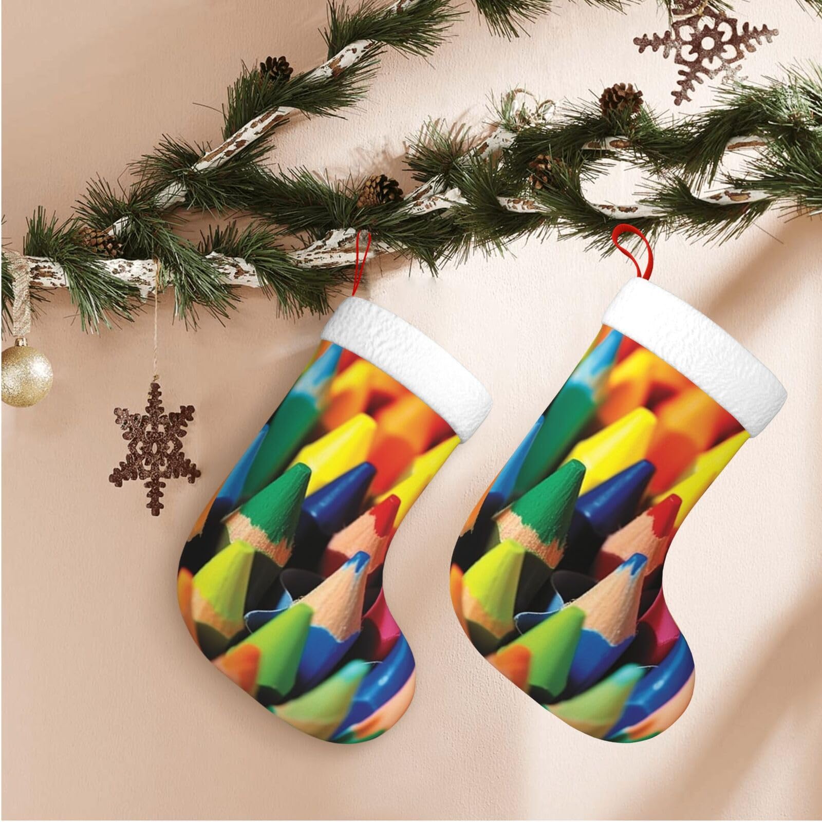 Crayons Christmas Stockings Velvet Xmas Fireplace Hanging Stocking with Plush Cuff Rustic Christmas Santa Stockings for Home Christmas Decorations Party Favor Supplies