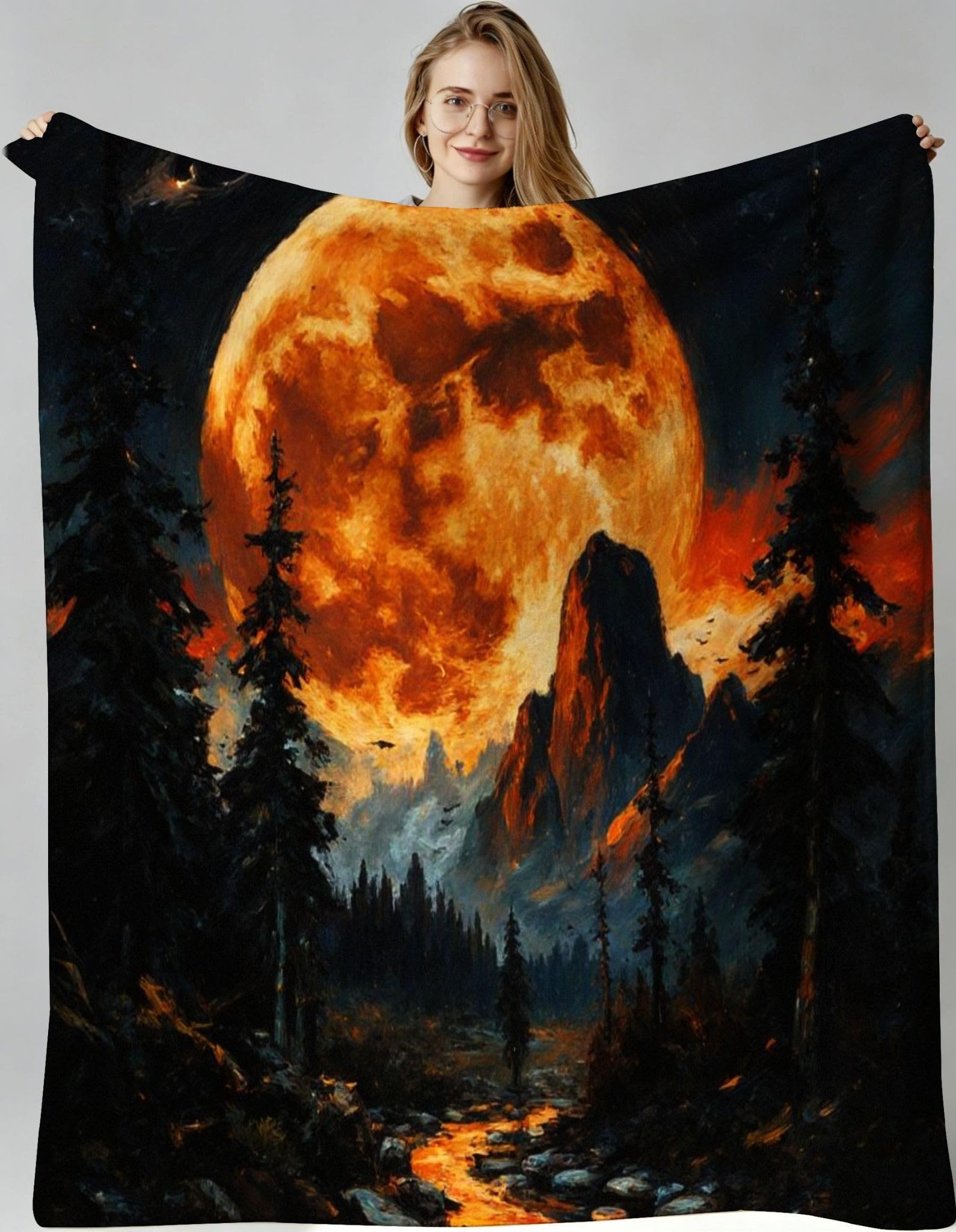 Couverture polaire lune forêt 3D 240x260 cm pour grand lit et canapé