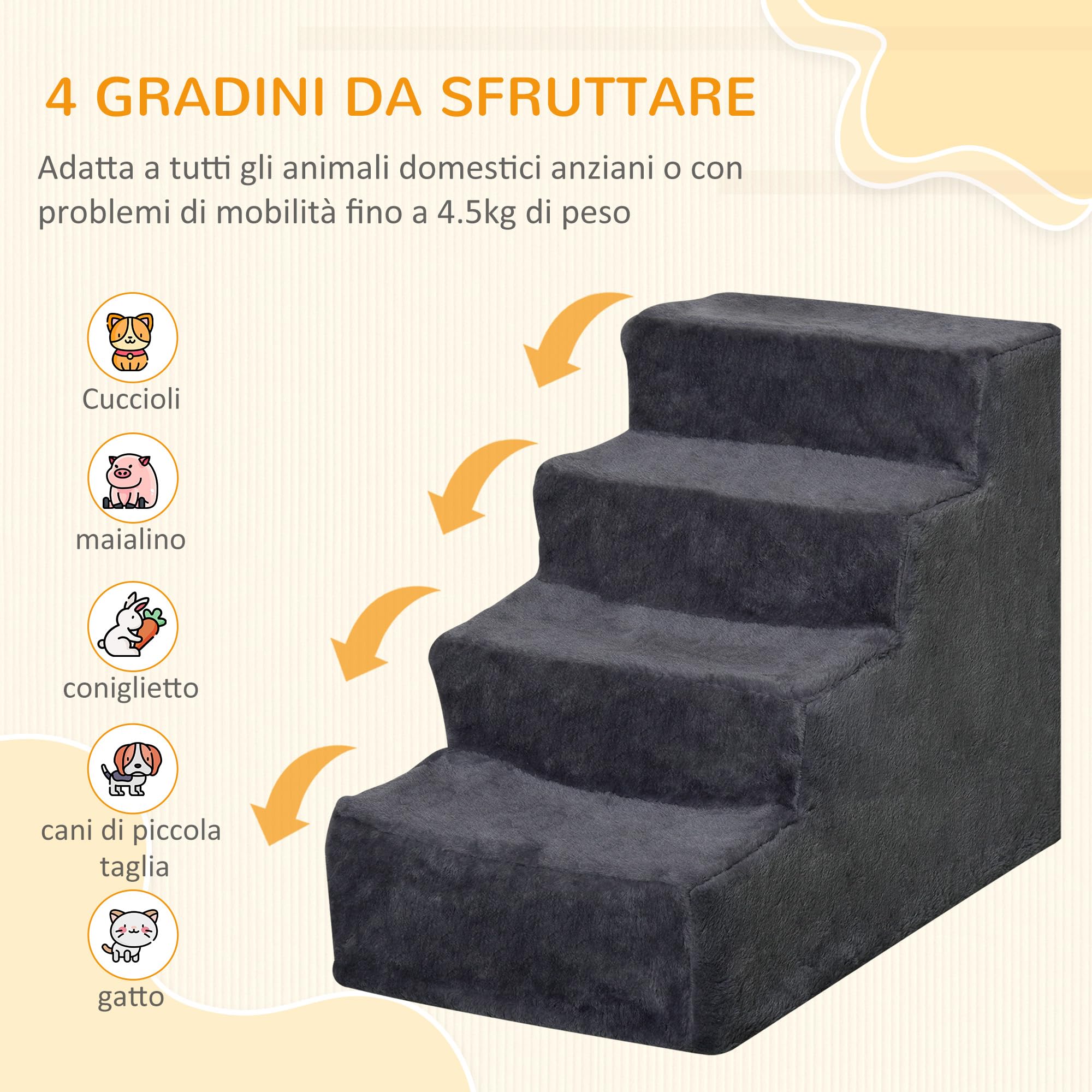 PawHut Scala per Cani a 4 Gradini, 60x35x44 cm Scaletta per Cani e Gatti di 10 KG in Tessuto Vellutato Sfoderabile e Lavabile, Grigio Scuro