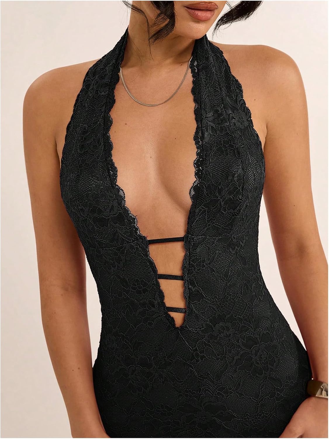 SweatyRocks Women's Sexy Deep V Neck Lace Halter Mini Dress Open Back Bodycon Club Dresses Rave Outfits - Image 3