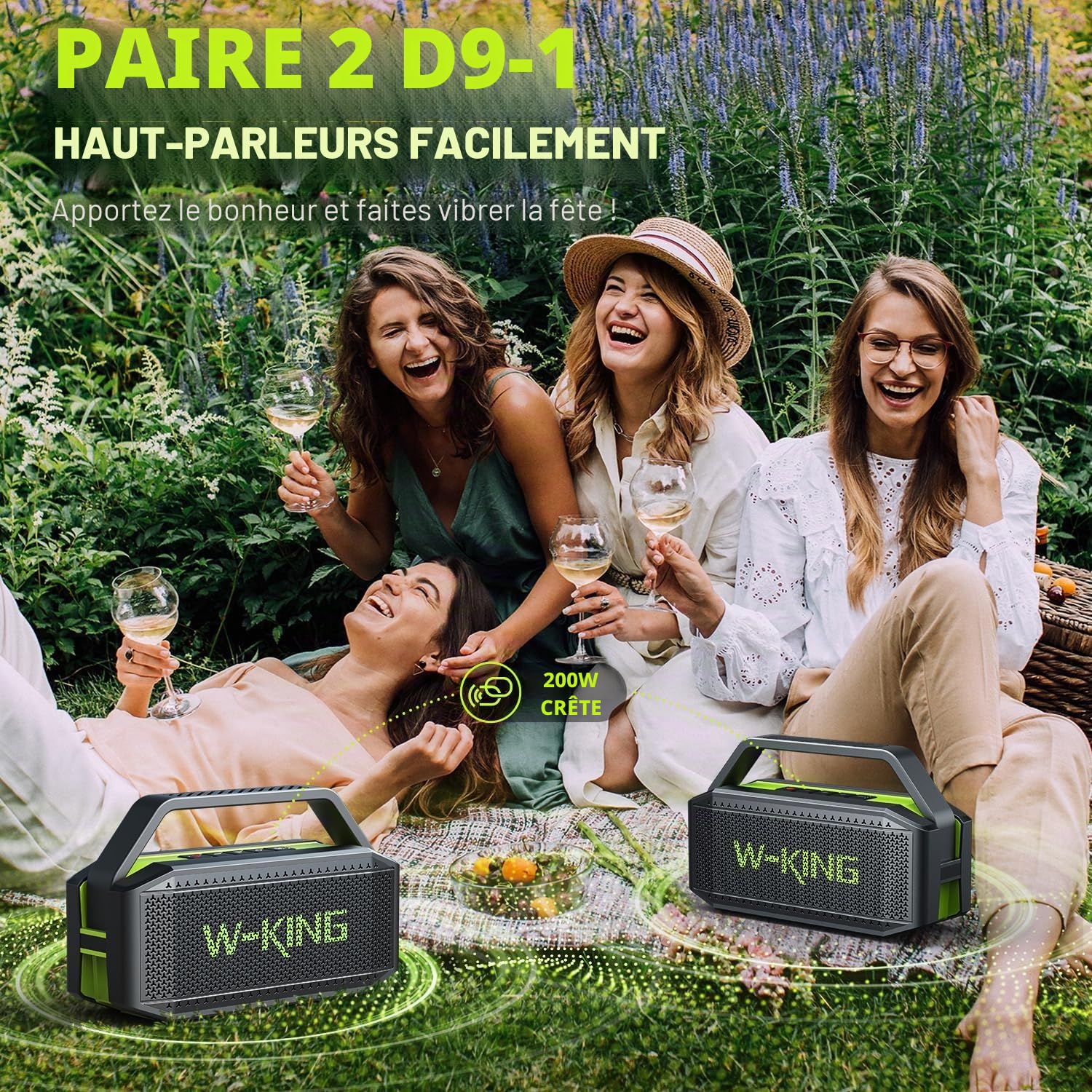 W-KING Enceinte Bluetooth Puissante, (100W Max)60W Haut Parleur Chantier Etanche Portable sans Fil Bluetooth Speaker Outdoor Boombox avec des Deep Bass, Powerbank, Autonomie 40 Hrs, AUX, Carte TF, EQ