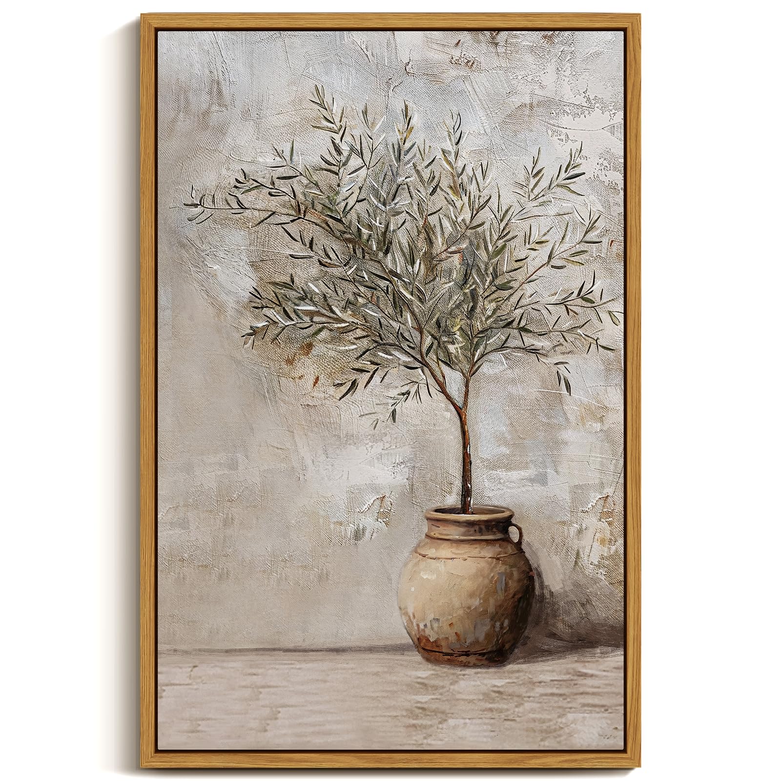 ARPEOTCY Vintage Framed Canvas Wall Art, 16x24 Inch, Large Classic Olive Tree in Vessel Prints for Home Decor, Botanical Still Life Paintings Hanging Wall Art for Bedroom, Living Room, Office