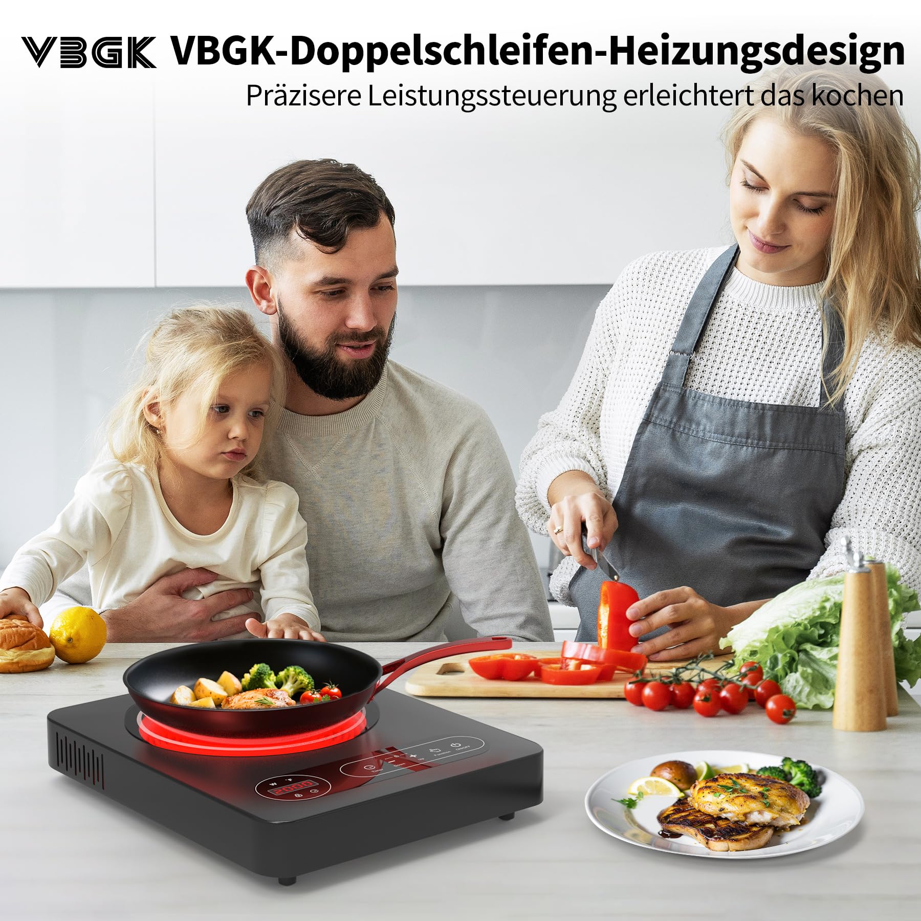 VBGK Glaskeramikkochfeld 220V 2000W LED-Touch-Steuerung 10 Leistungsstufen 4-Stunden-Timer Sicherheitsschloss 1 Platte