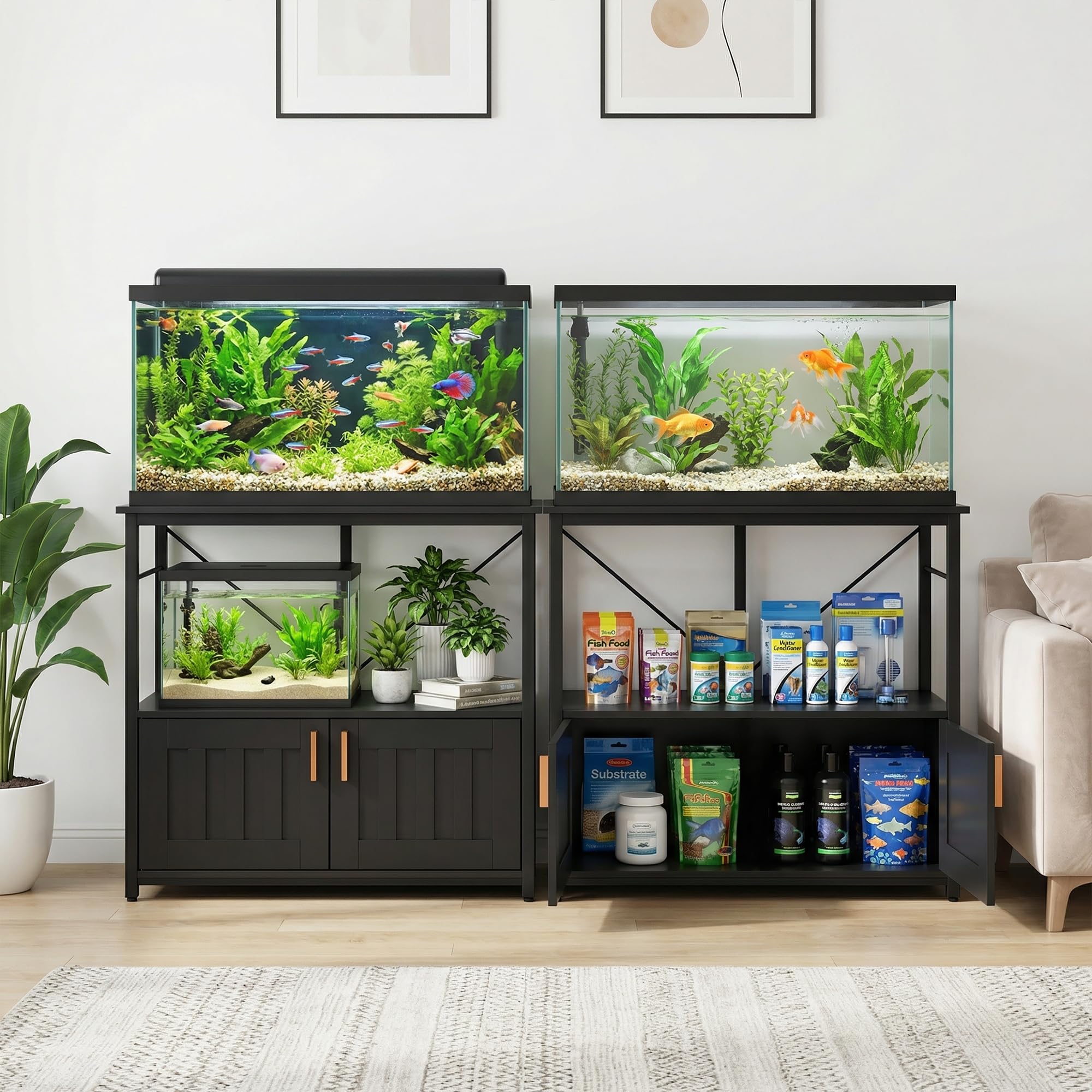 Aquarium Unterschrank für 40–50 Gallonen – Stabiler Metall-Holz-Fischbeckenständer mit Regal & Stauraum, bis 300 kg belastbar, verstellbare Füße, für Wohnzimmer/Terrarium, modernes Design –