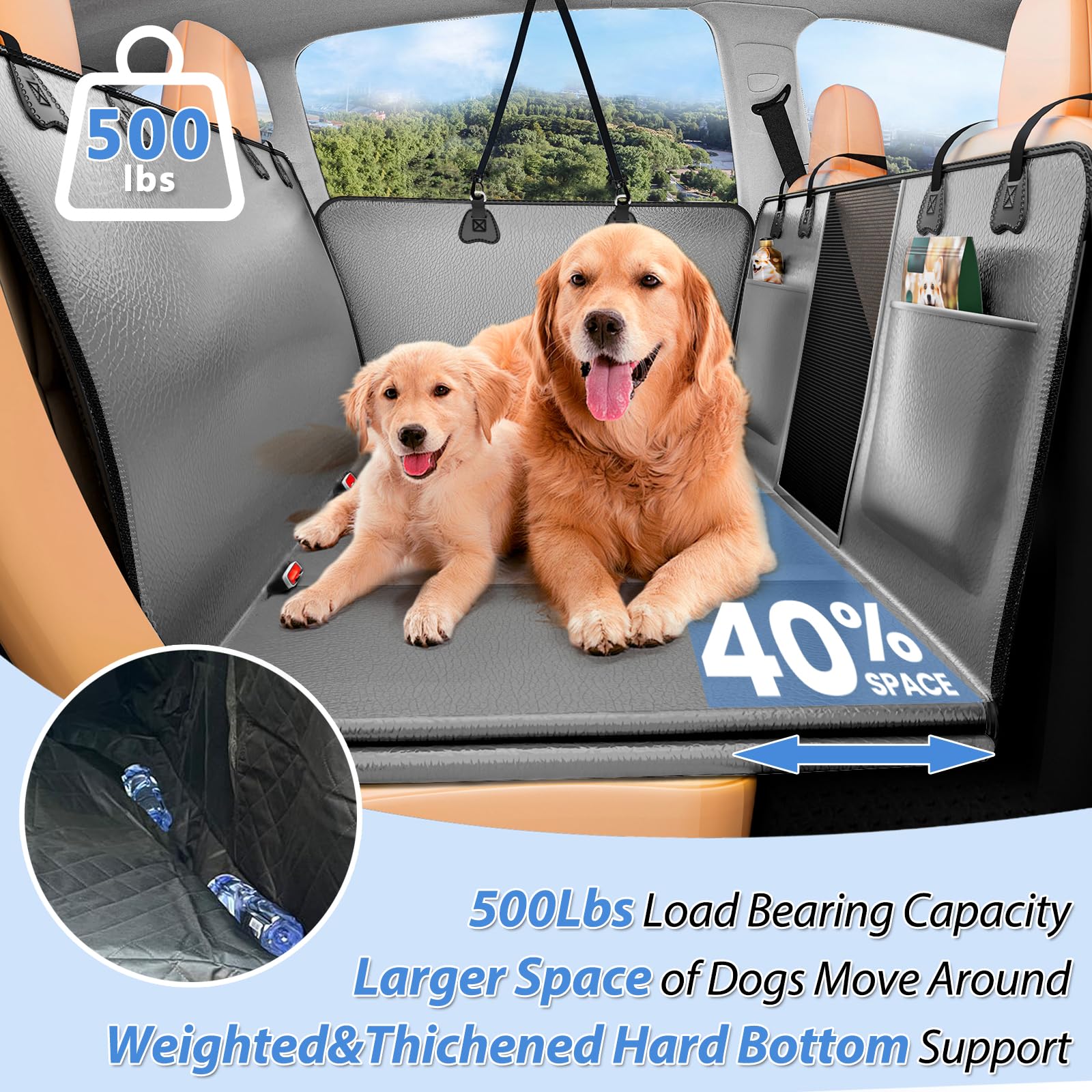 Hard Bottom Dog Car Seat Cover for Back Seat – Waterproof Nonslip Hammock Extender for Trucks & SUVs, Heavy Duty Pet Protector, Gray Faux Leather - image 2