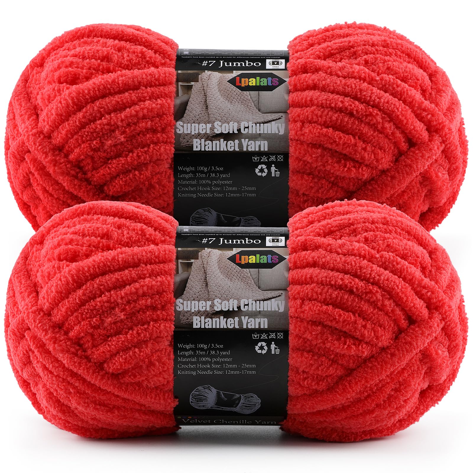 2-Pack Super Soft Chunky Yarn for Crocheting Blankets - 7oz/76.4yd Total, Thick &amp; Plush Chenille Yarn for Quick Baby Projects, Amigurumi, Scarves, Red