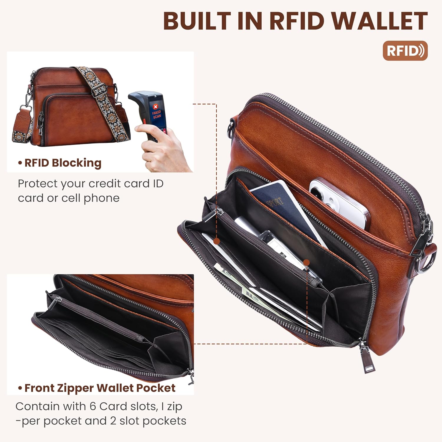 HESHE Genuine Leather Crossbody Bags for Women Satchel Purses Shoulder Handbags with 2 Adjustable Strap Hobo Purse - Image 6