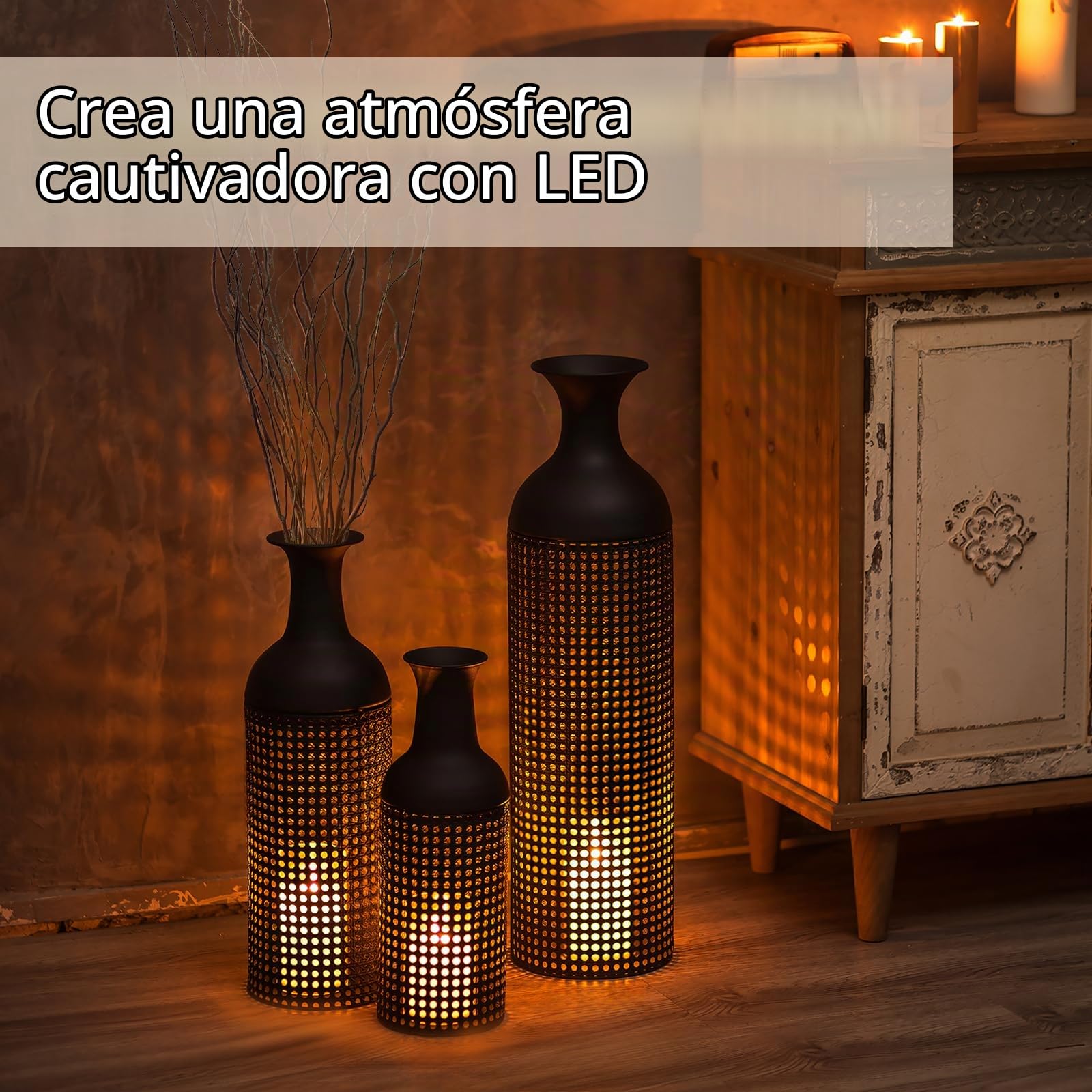 Sziqiqi Jarron de Suelo Altos Negro: Jarrón Grande para Suelo para Salón 68/51/41cm - Set de 3 Metal Florero Alto para Suelo - Jarrones Modernos con Textura de Panal para Dormitorio Cocina | Tapas gruesas, estables, extraíbles, 68/51/41 cm, modernas, para
