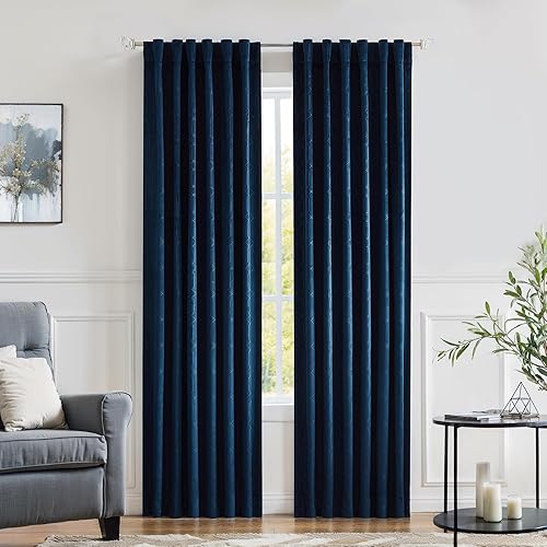 Central Park Moderate Velvet Blackout Window Curtain Panels 84in LongRod Pocket Backtabs for Living RoomBedroom Geo Embossed Trellis WindoTreatment Drape Sets 52inx84inx2, Panel Pairs to Go, NavyBlue