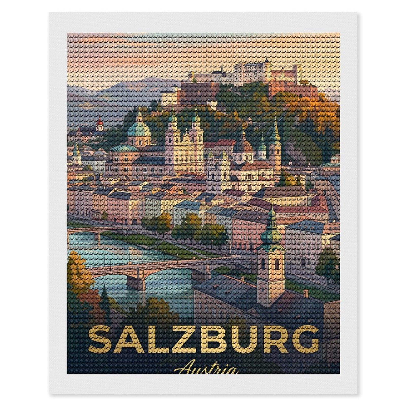 Junmoney Salzburg Austria Cityscape with Fortress Diamond Painting Set 16"x20", Arts and Crafts, Wall Art Gift, Full Kit Included, Relaxing Handmade Project