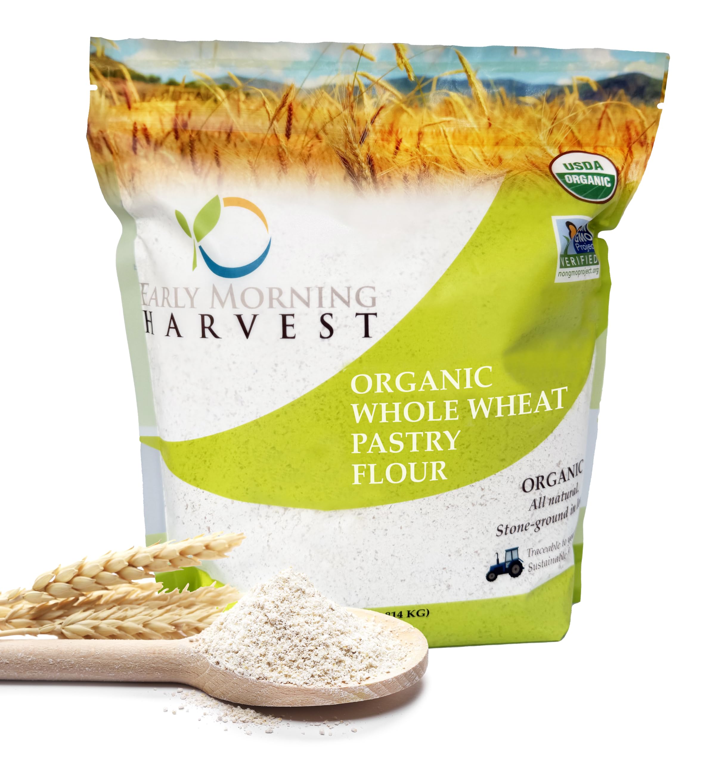 Early Morning Harvest Organic Whole Wheat Pastry Flour - Made from Non-GMO Whole Wheat - Stone Ground Pastry Flour for Baking and Cooking, Whole Grain, Certified Organic GMO free