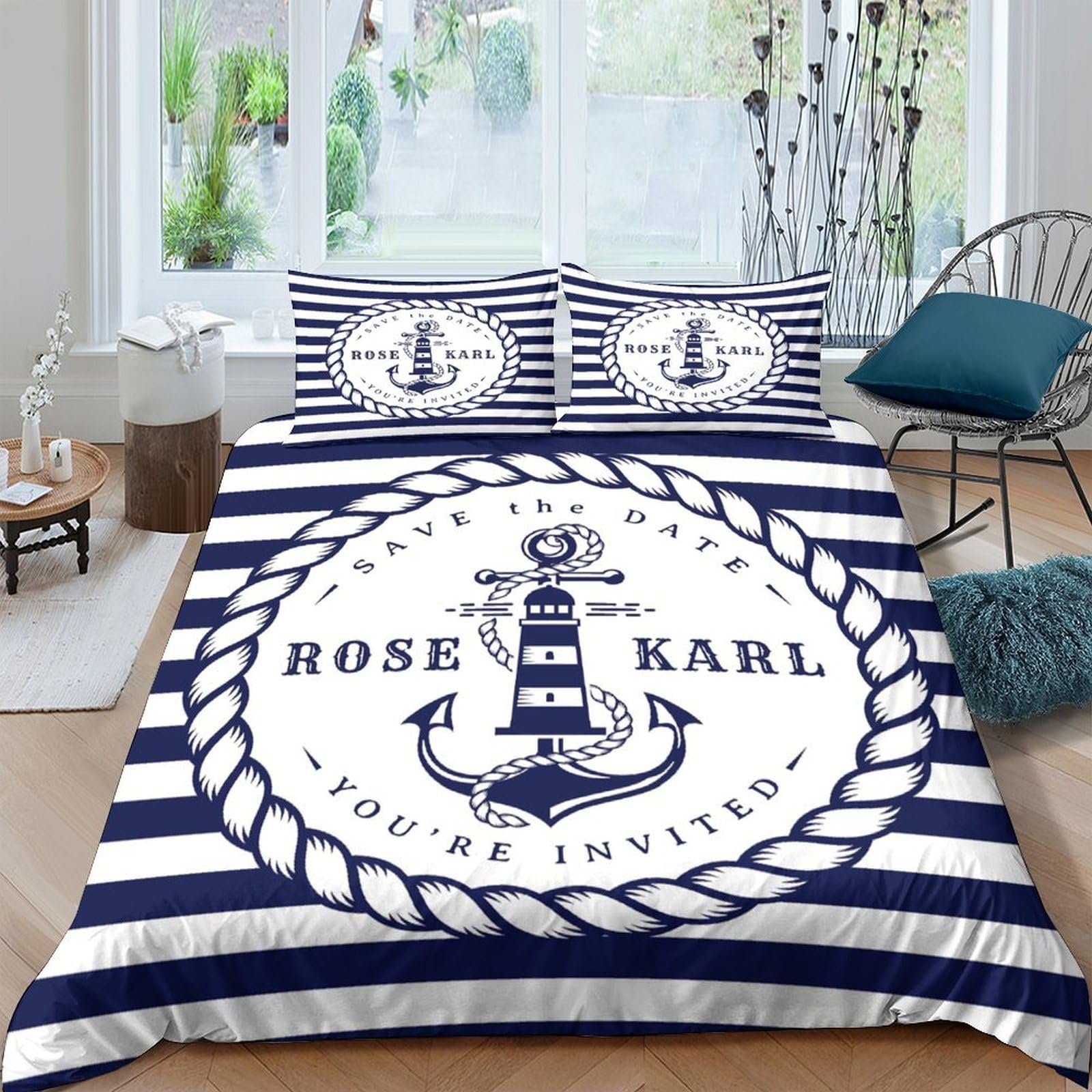Ctjqhvkz Style-3 3D Printed Nautical Anchor Stripe Fitted Sheet Microfiber Soft Blue White Marine Rope Bed Cover For Bedroom Guestroom Decor Single（135X200cm）