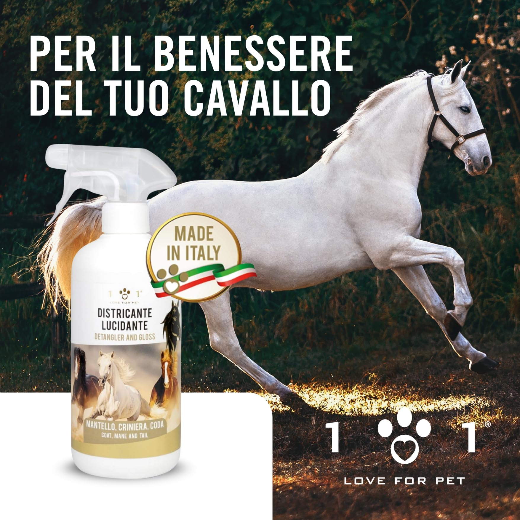 Districante Cavalli Spray Naturale 750 ml Lucidante e Detergente Vegetale per Manto, Criniera e Coda Districante per Cavalli Non Unge, Effetto Shine, Cruelty Free