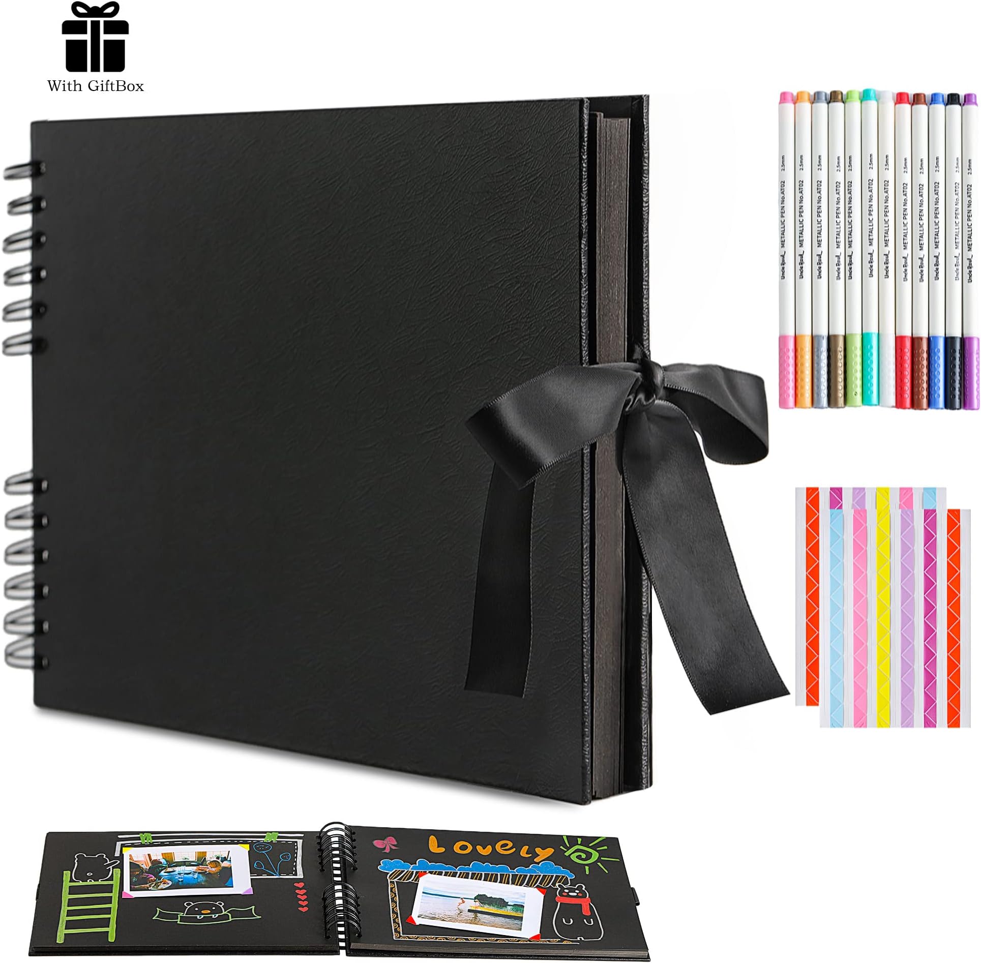 Scrapbook Photo Albums A4-80 Pages DIY Memory Album Our Adventure Book with DIY Accessory Kit Craft Paper 11.7x8.3 Inch for Wedding Anniversary Travel Black DS01bk