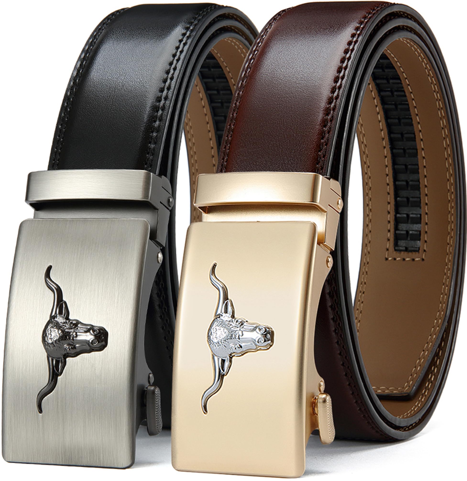 DOOPAI Men's Leather Ratchet Belts 2 Pack Adjustable Click Belt Set for Dress & Casual, Custom Fit 1 3/8