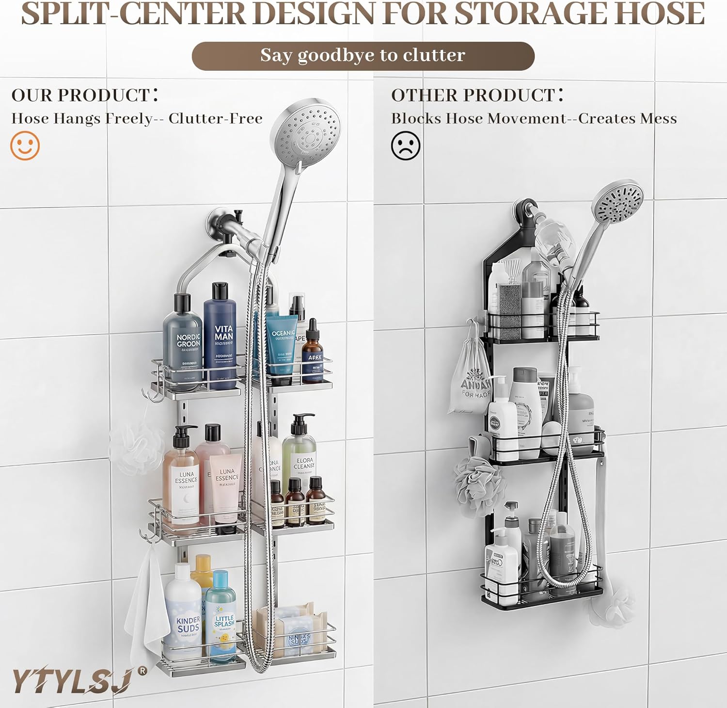 Shower Caddy Hanging for Handheld Shower Heads, 3-Tier Adjustable Hagging Shower Caddy, Stainless Steel Hose Hanging Shower Organizer with 2 S-Hooks, Silver
