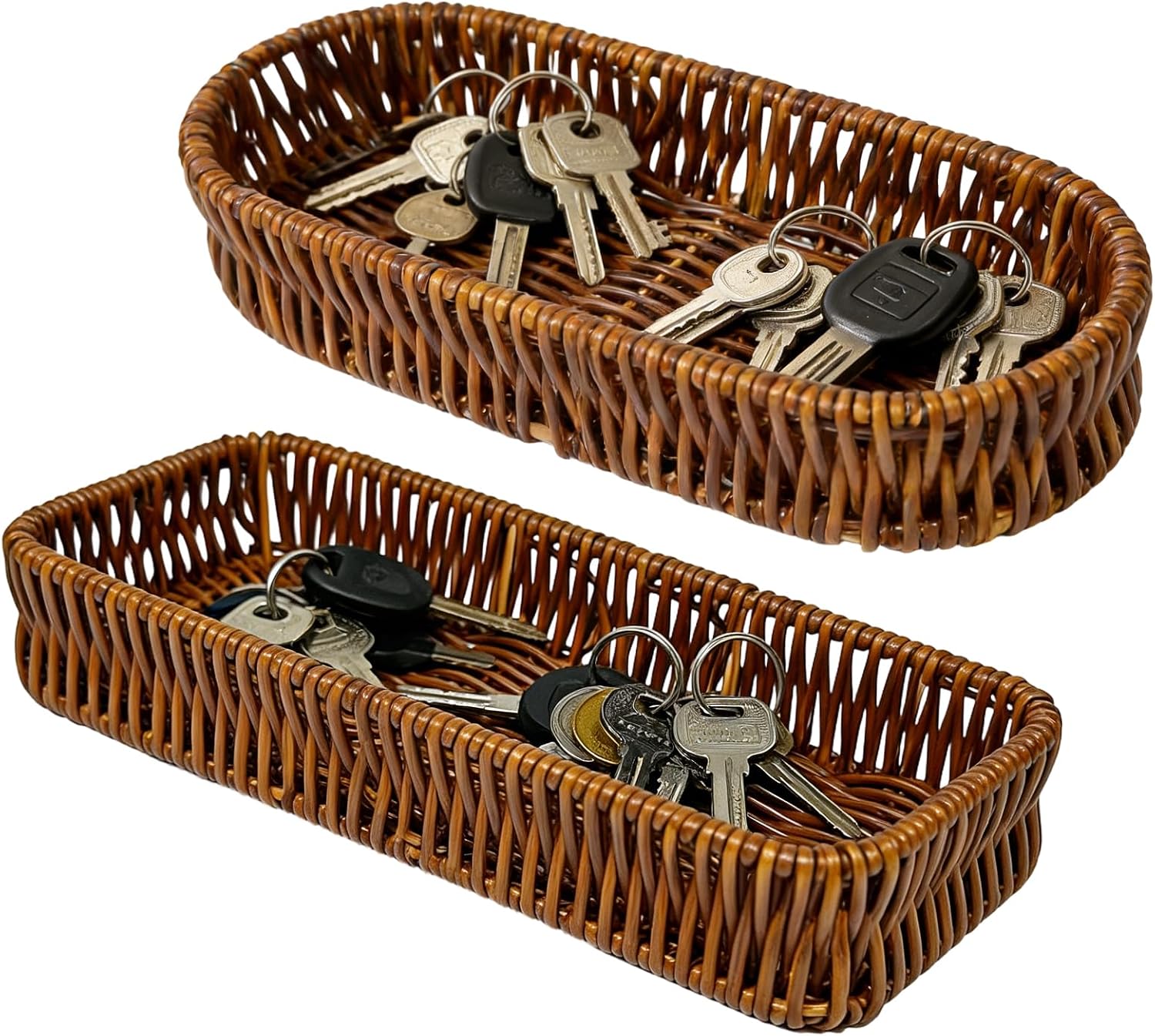 2Pcs Key Bowl, Rattan Tray Set for Hallways and Entryways, Organized Key Storage Solution with Rectangular and Oval Designs, Home Decor Accessory for Multiple Room Organization