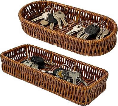 2Pcs Key Bowl, Rattan Tray Set for Hallways and Entryways, Organized Key Storage Solution with Rectangular and Oval Designs, Home Decor Accessory for Multiple Room Organization