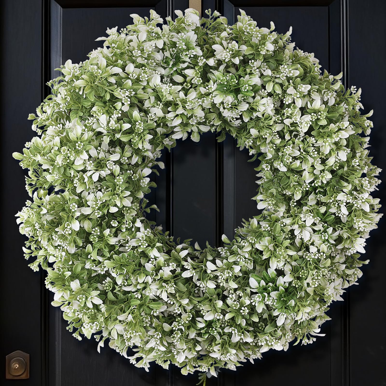 26" Artificial Boxwood Wreath for Front Door - Large Faux Aglaia Odorata Wreath, Fake Eucalyptus Leaves Plants for Wall Window Farmhouse Outdoor Decor - Spring, Summer, All Seasons (White-Green)