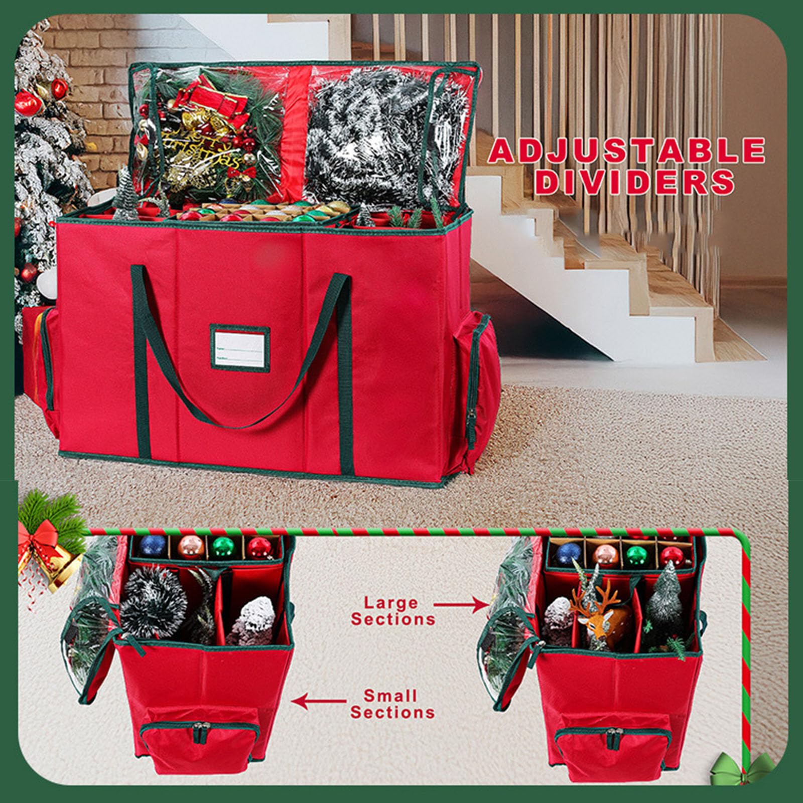 Weihnachtskugeln Aufbewahrung, Aufbewahrungsbox für Weihnachtskugeln mit Deckel, Large Pocket, 600D Oxford-Gewebe, 5 Tabletts, Doppelreißverschluss (Rot,71x31x45cm)